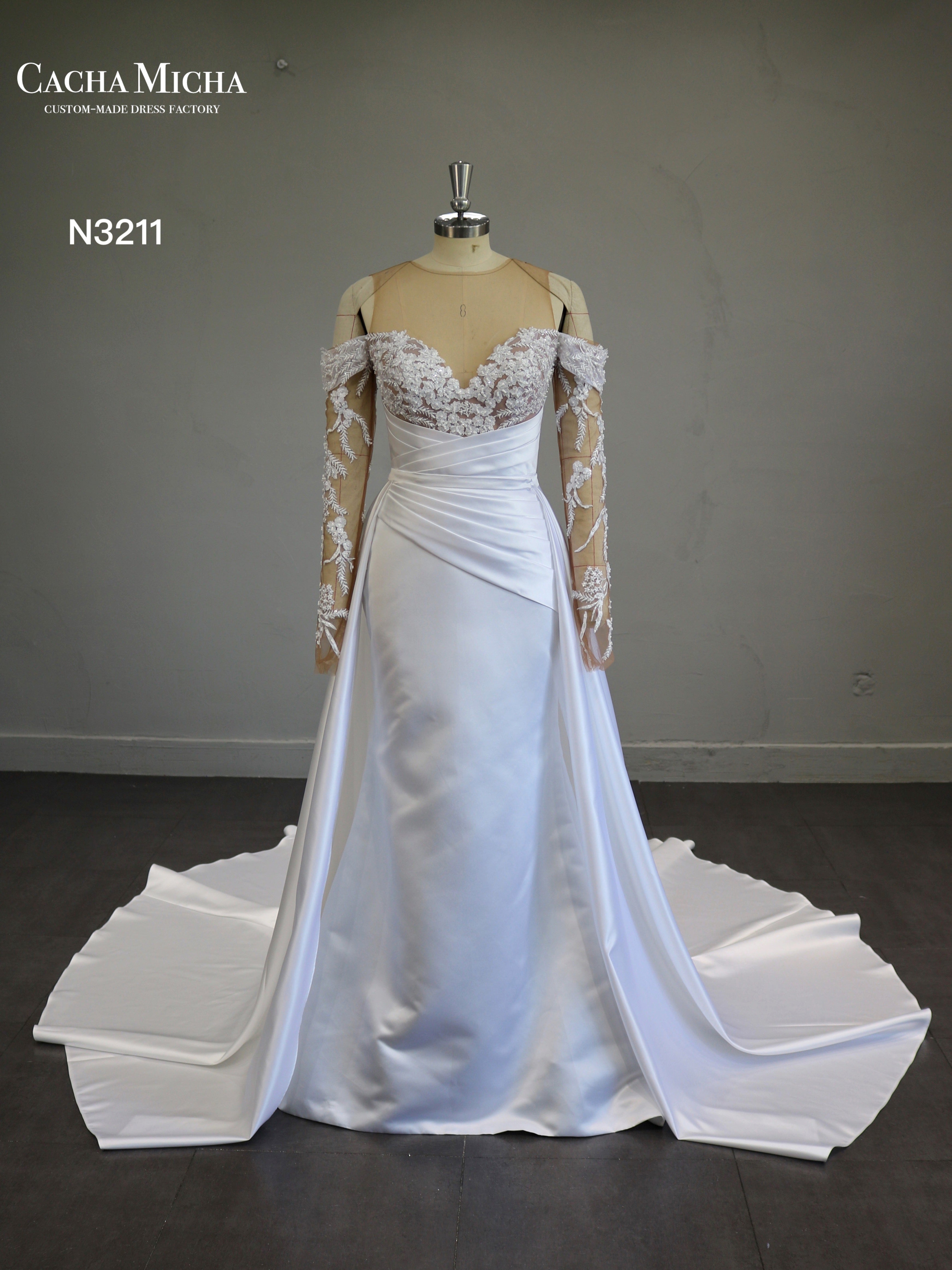Beaded Lace Detachable Train Satin Wedding Dress N3211
