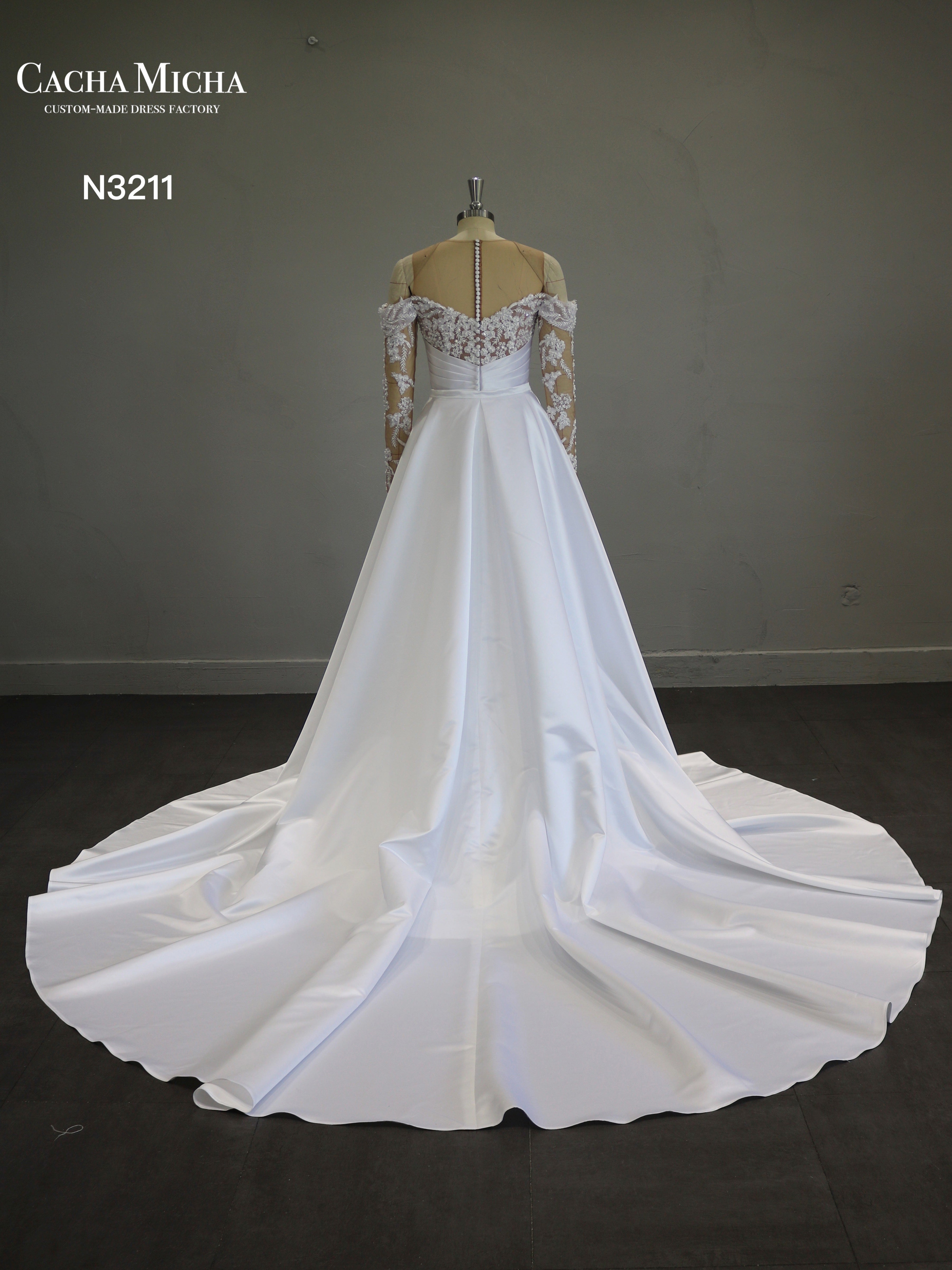 Beaded Lace Detachable Train Satin Wedding Dress N3211