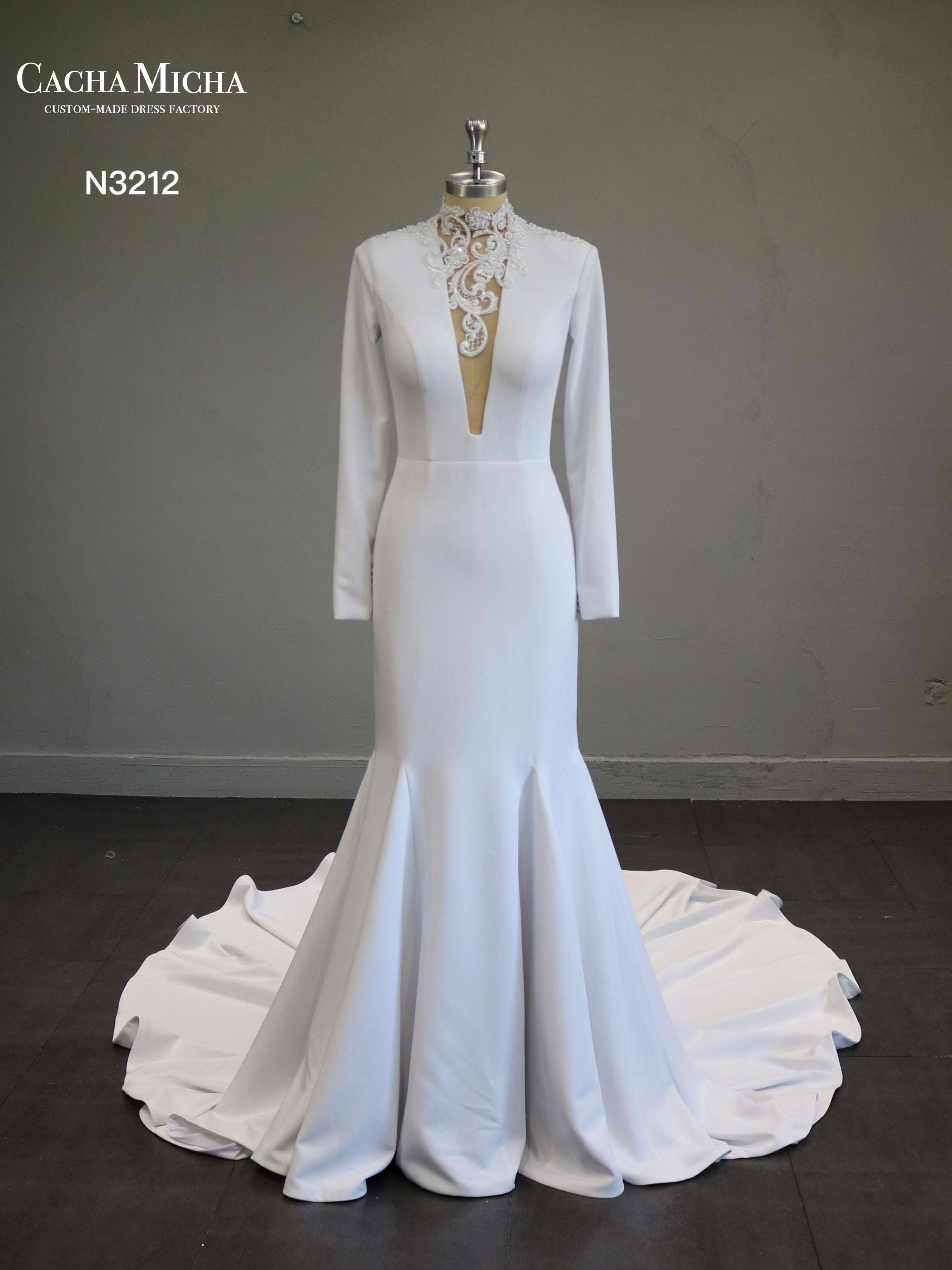 High Collar Long Sleeves Crepe Mermaid Wedding Dress N3212
