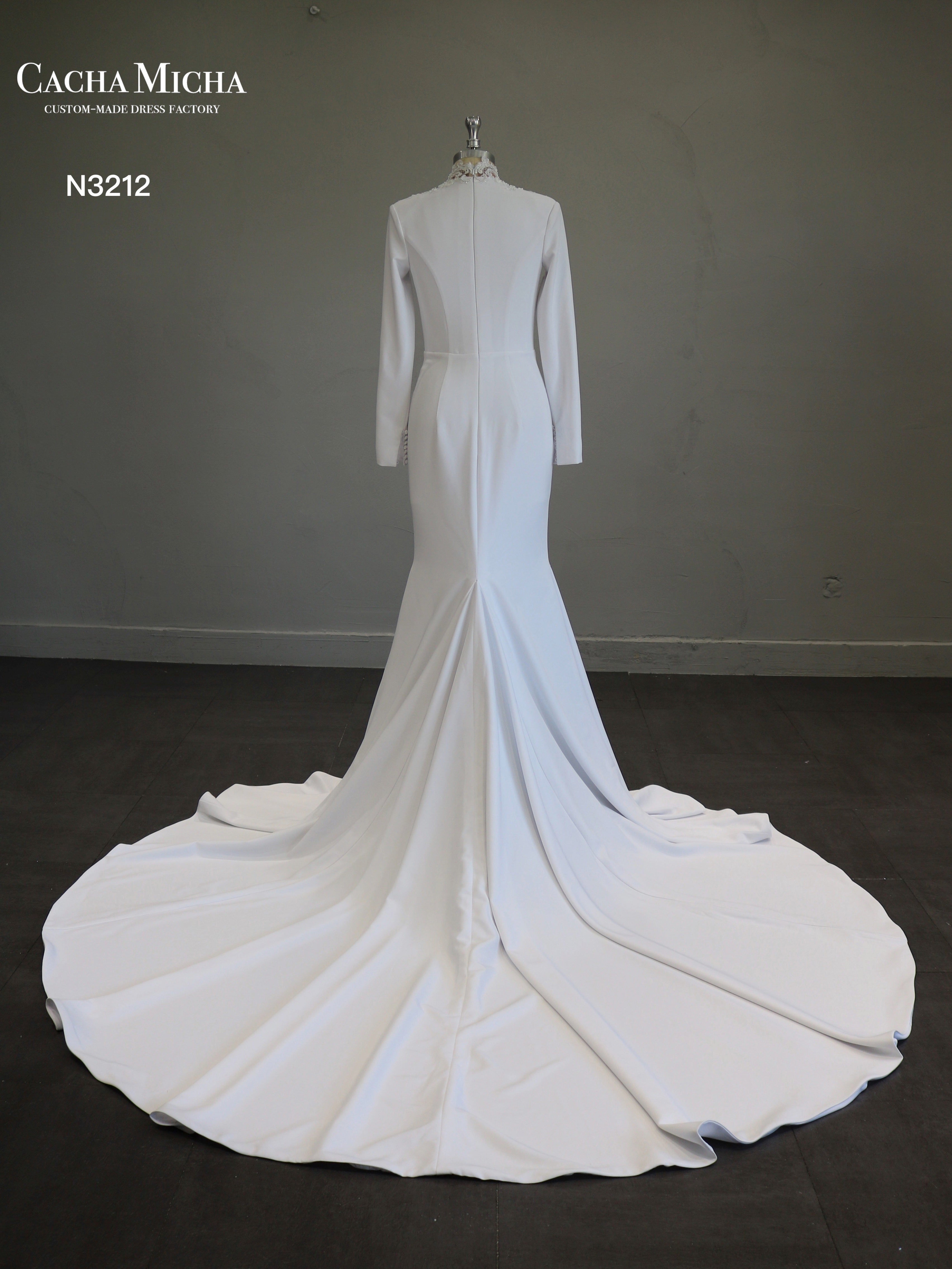 High Collar Long Sleeves Crepe Mermaid Wedding Dress N3212
