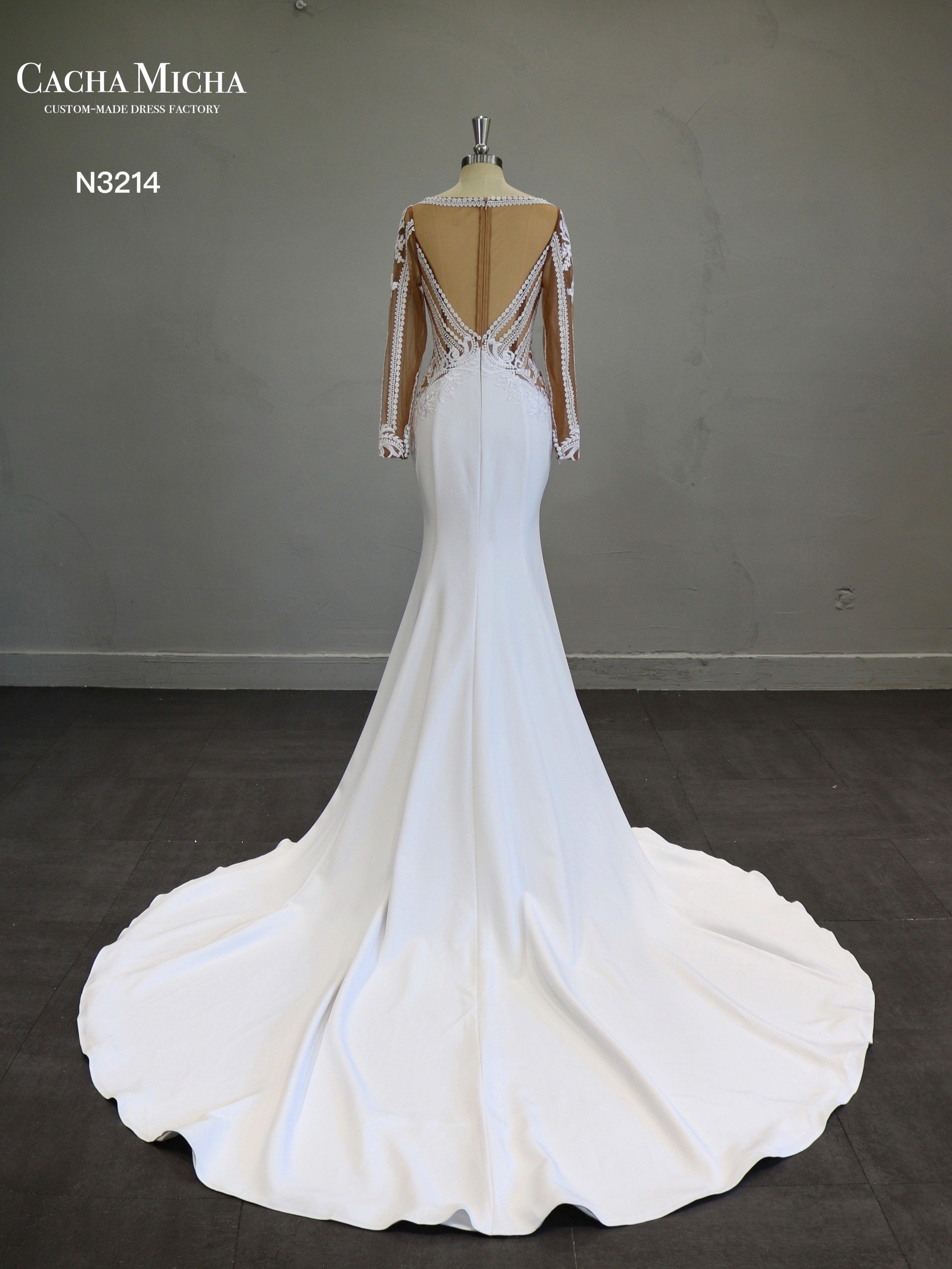 Nude Top Lace Long Sleeves Crepe Mermaid Wedding Dress N3214