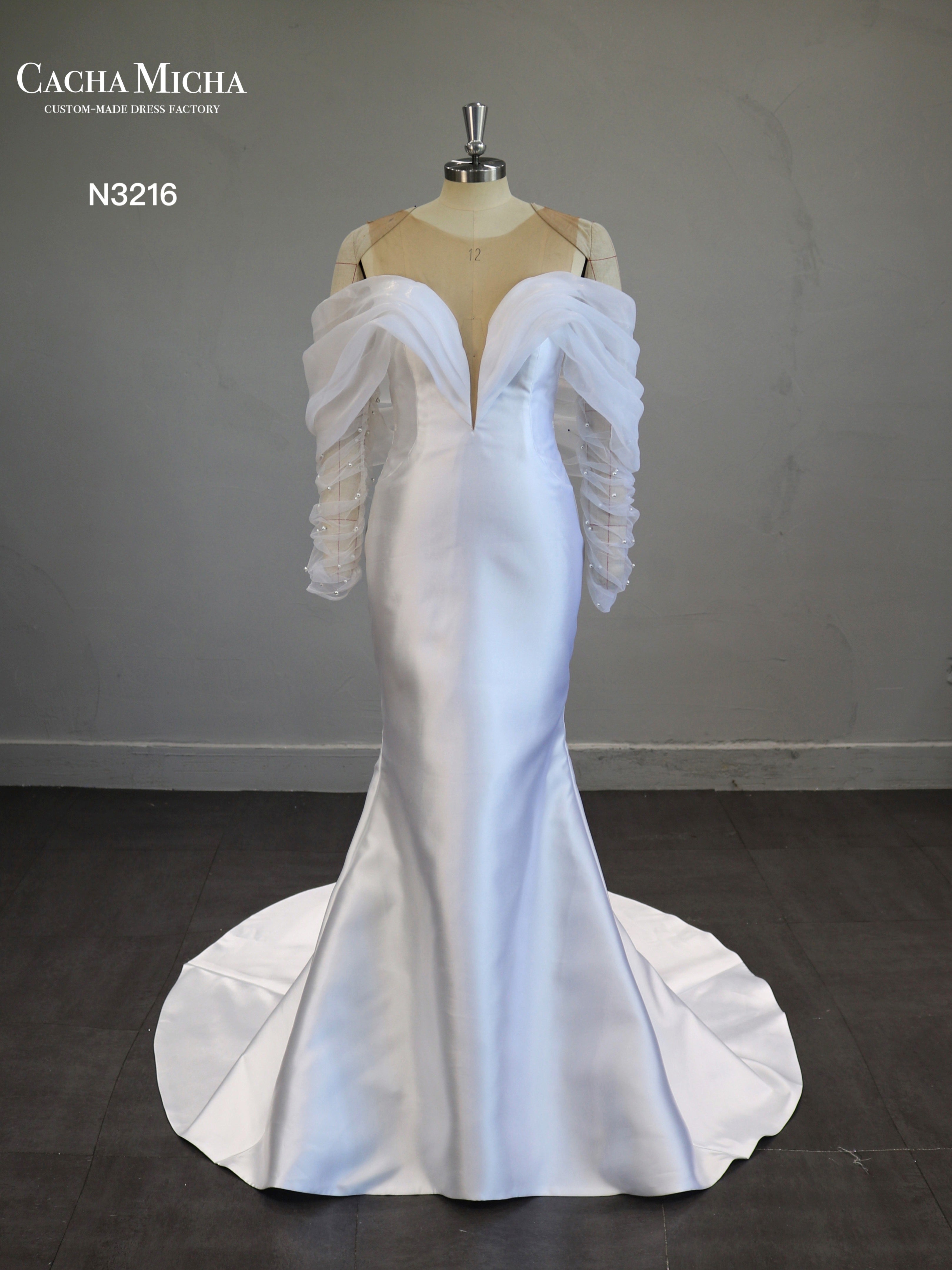 Off Shoulder Long Sleeves Mikado Mermaid Wedding Dress N3216