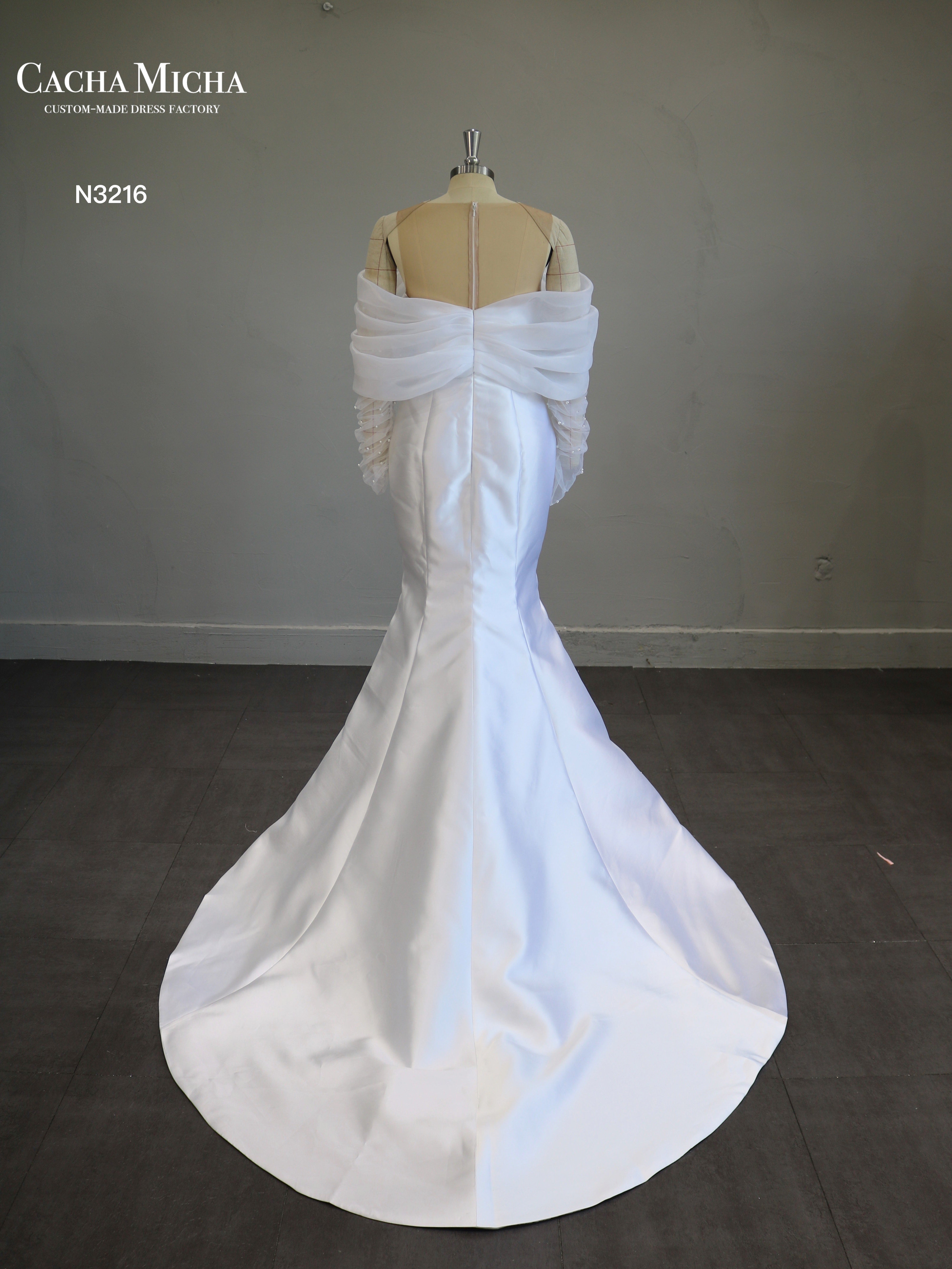 Off Shoulder Long Sleeves Mikado Mermaid Wedding Dress N3216