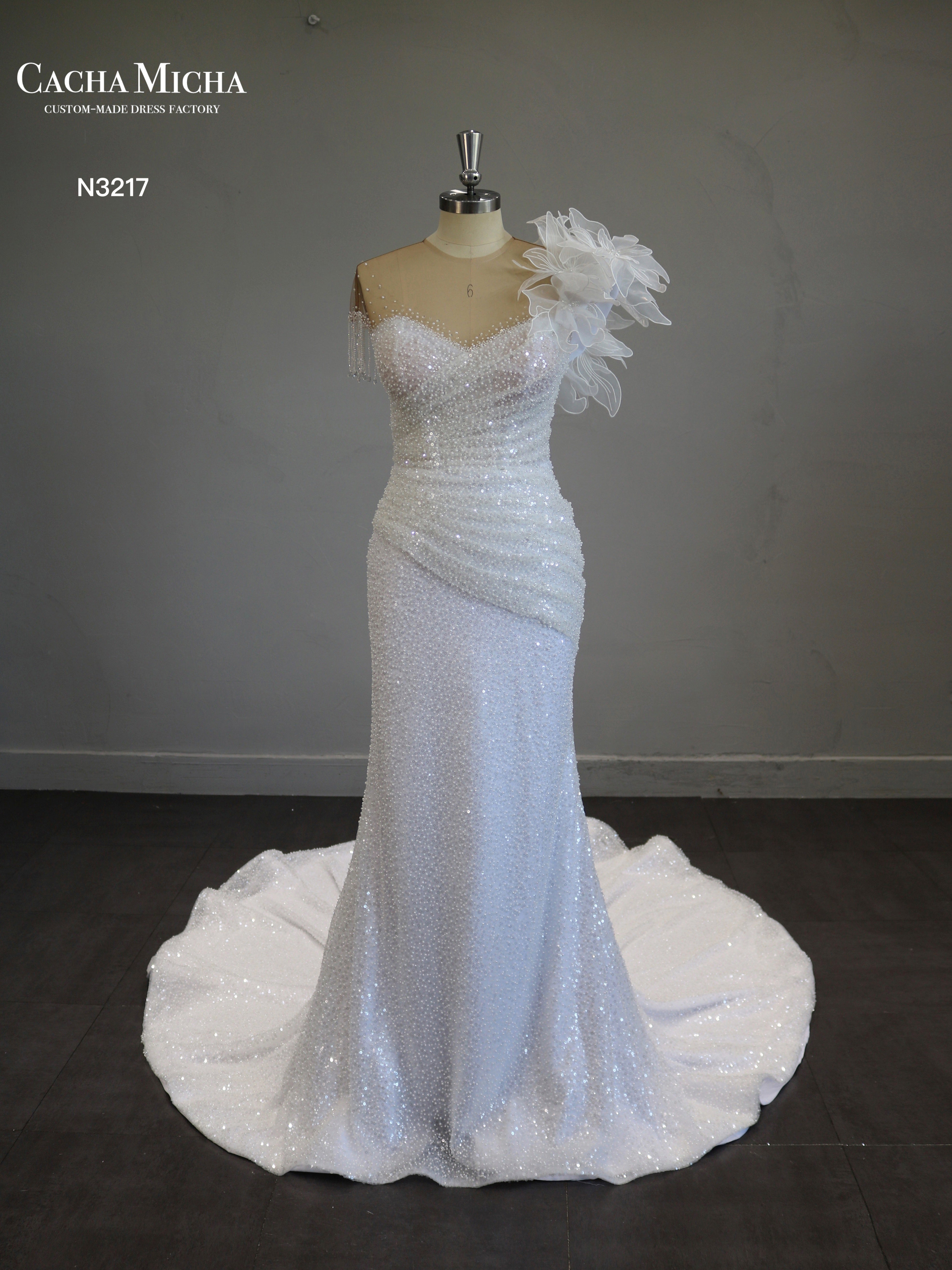 Gorgeous Handmade Flower Heavy Beaded Mermaid Wedding Dress N3217