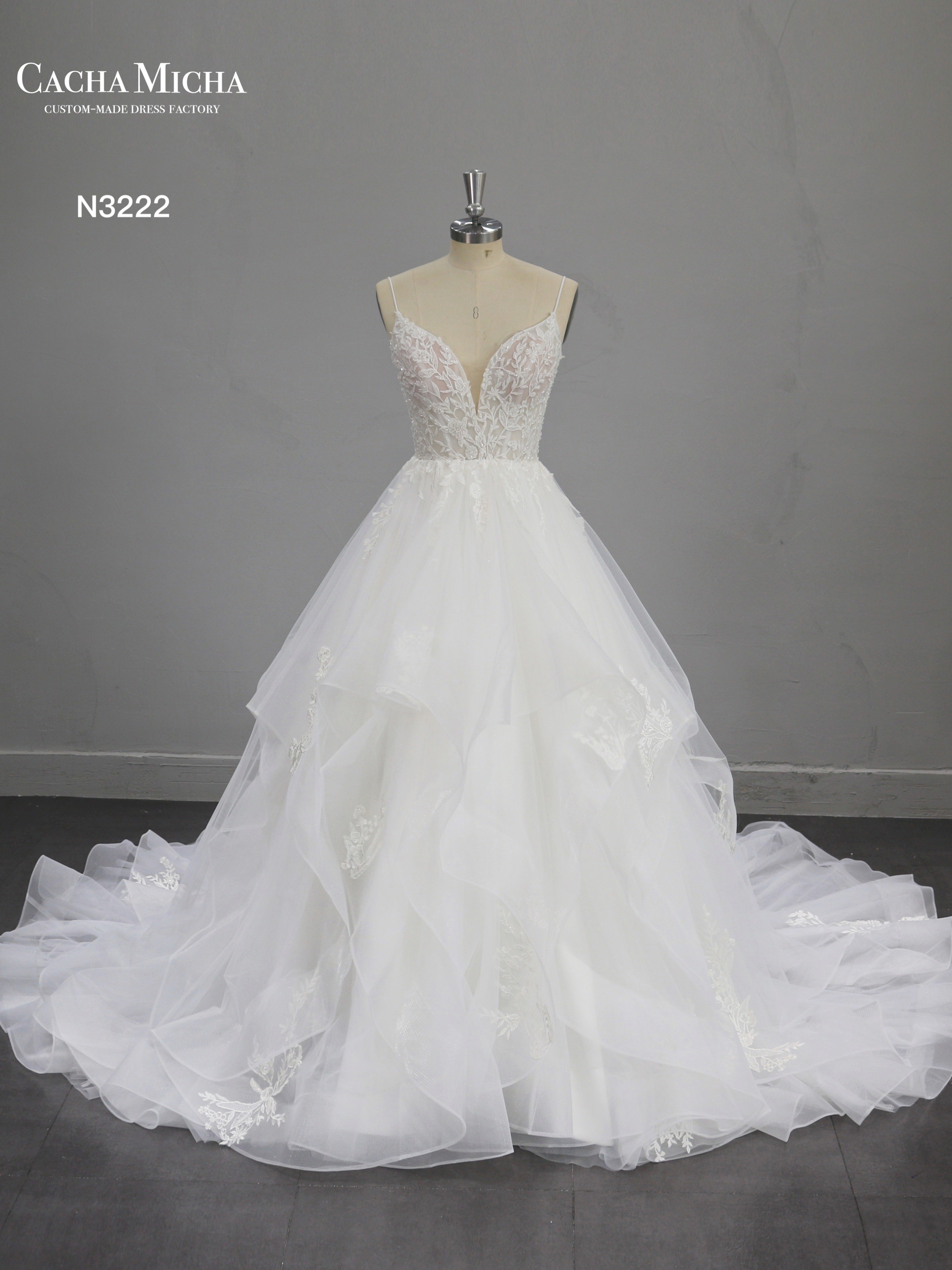 Backless Lace Applique Romantic Ruffles Wedding Dress N3222