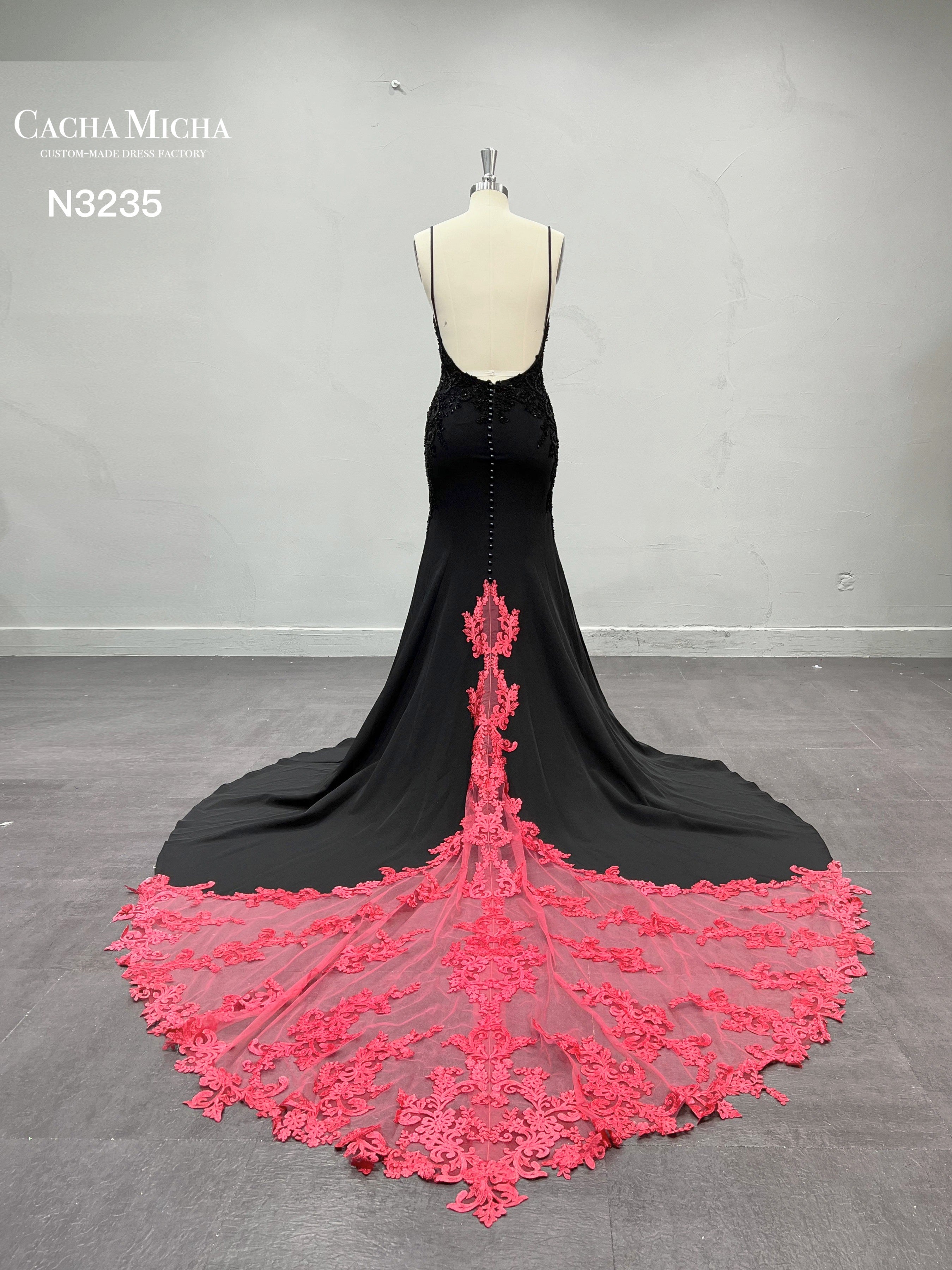 Sexy Low Back Beaded Lace Black Wedding Dress N3335