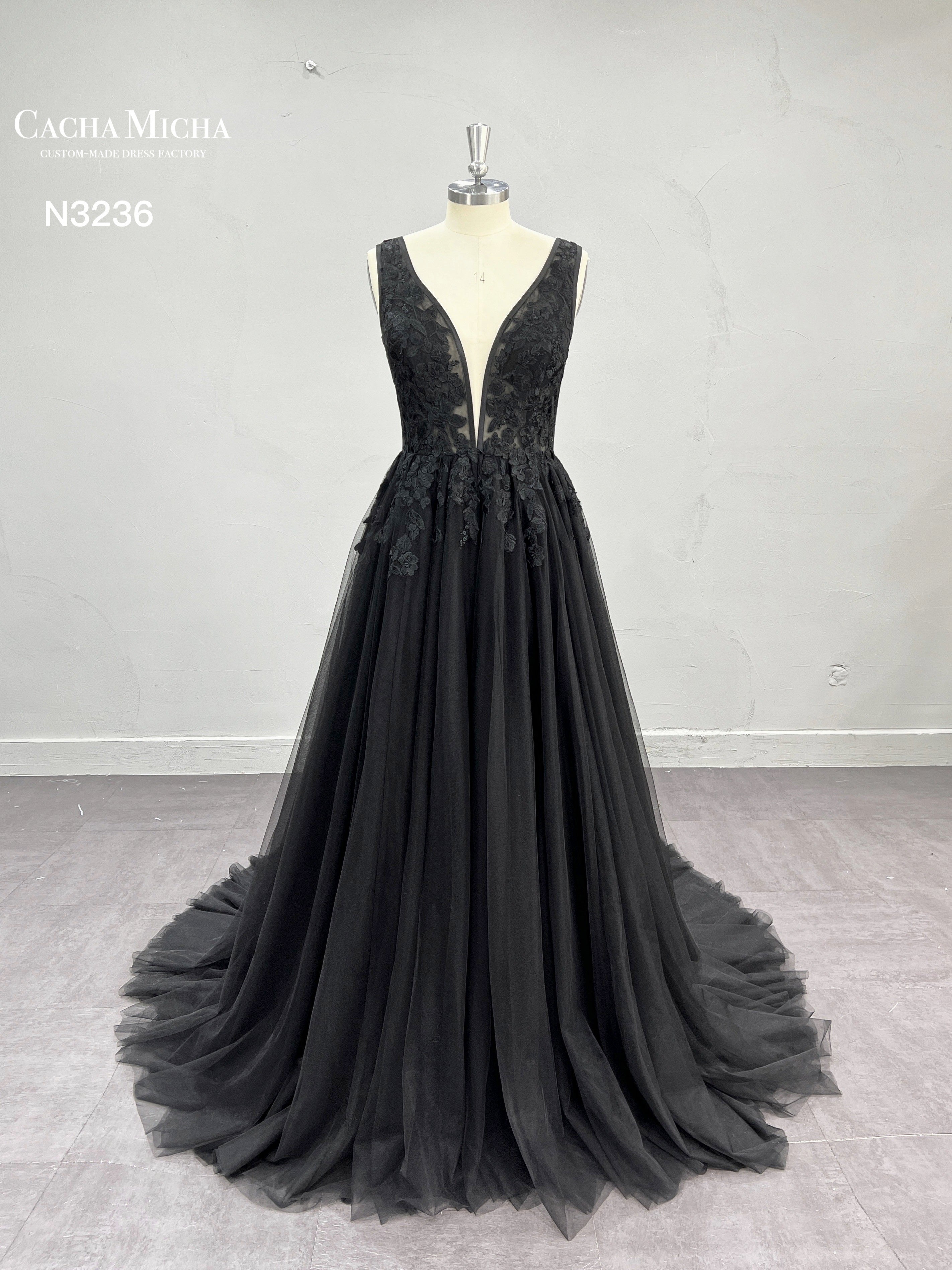 Affordable Black Lace A Line Wedding Dress N3336