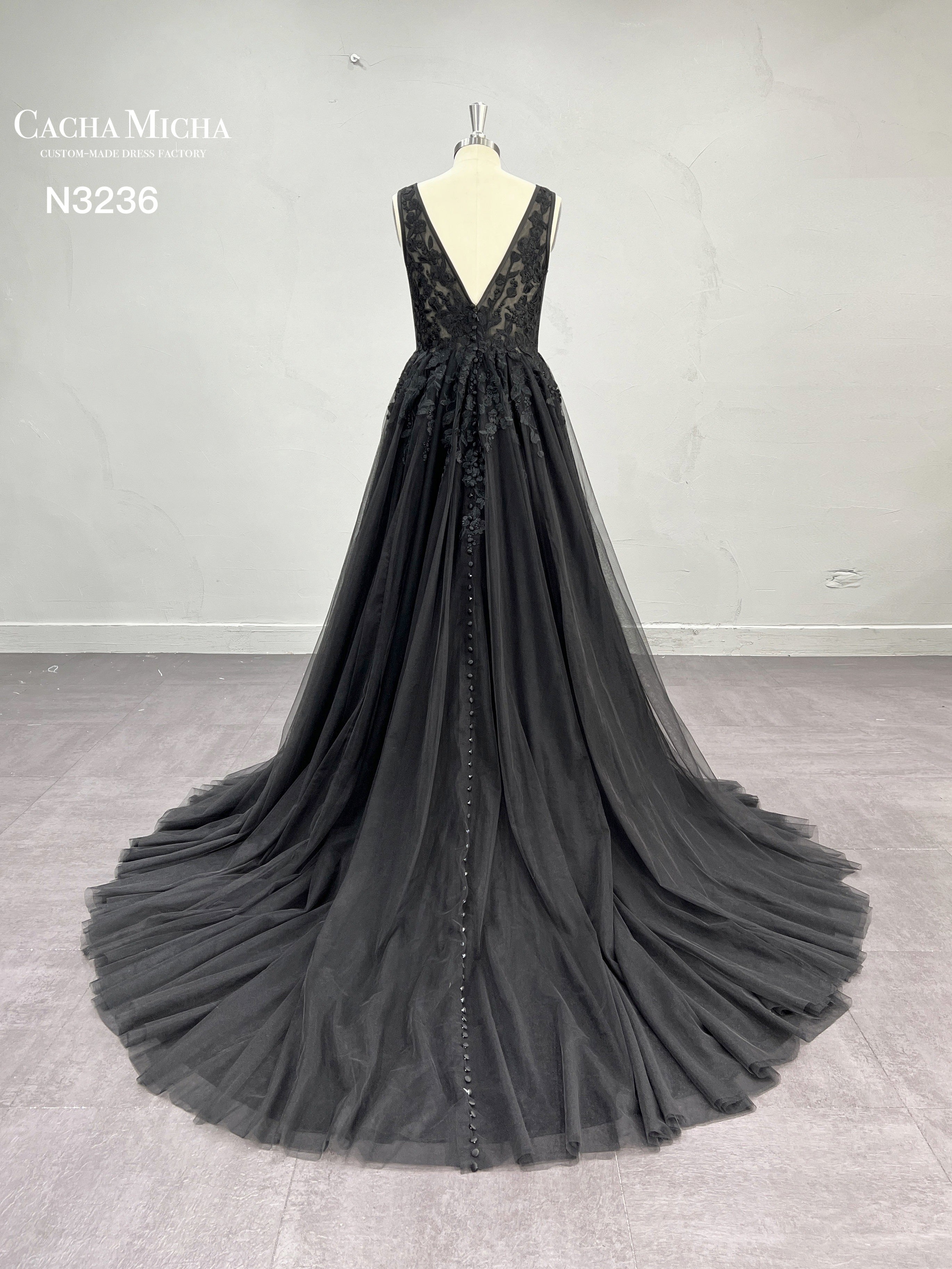 Affordable Black Lace A Line Wedding Dress N3336