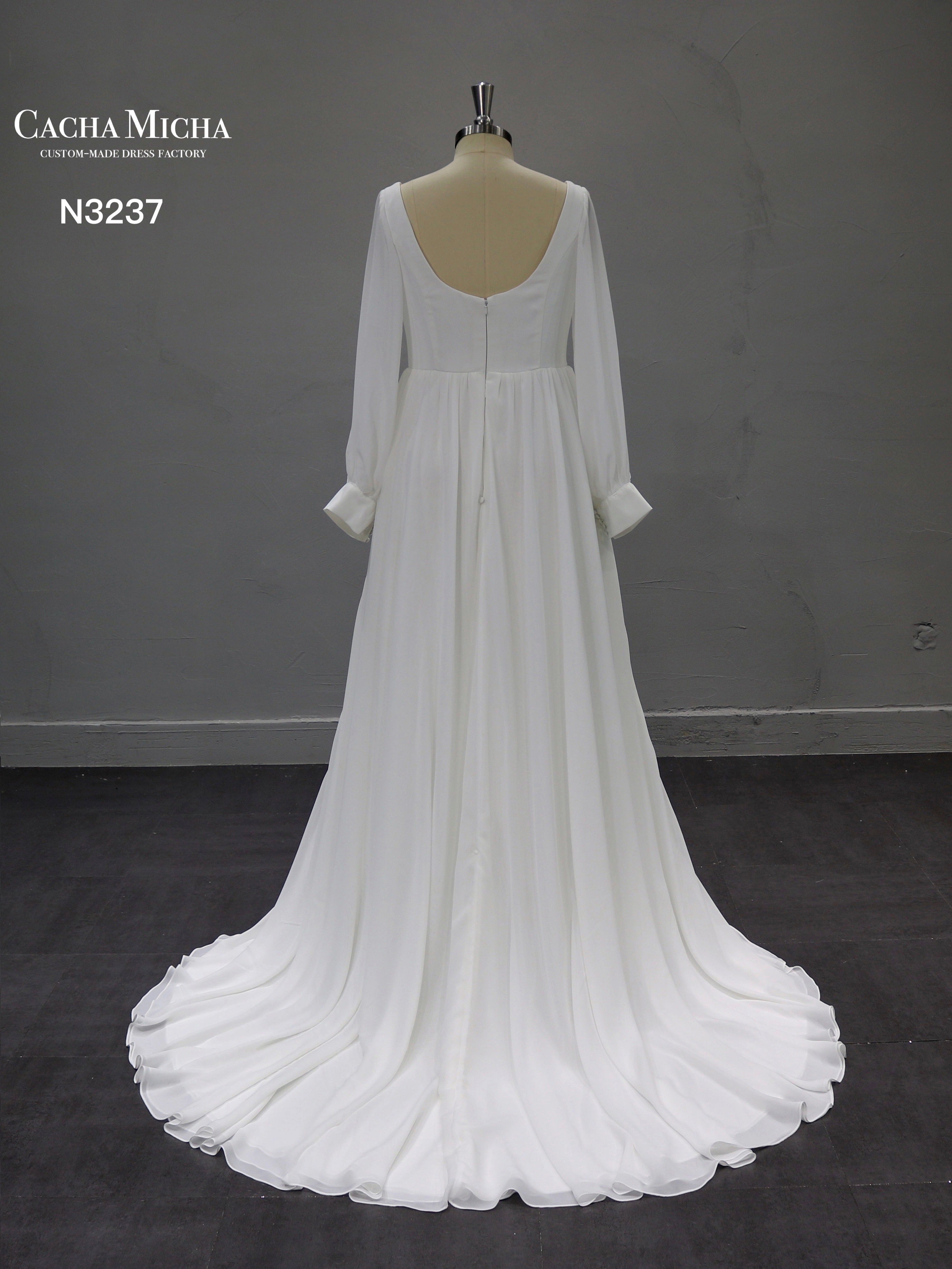 Boat Neck Long Sleeves Chiffon Plus Size Wedding Dress N3337