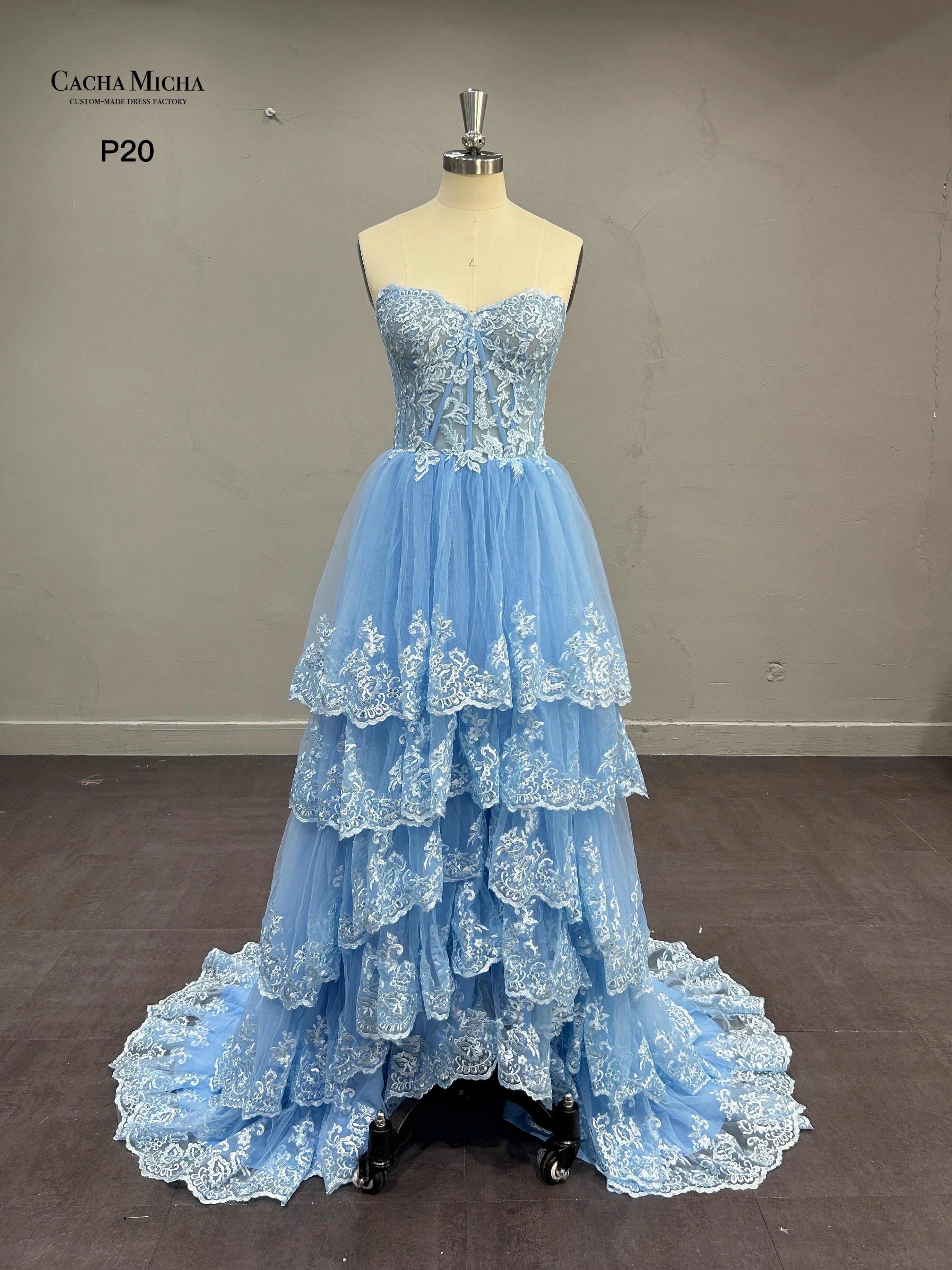 Tiered Lace Skirt Short Front And Long Back Prom Dress P20