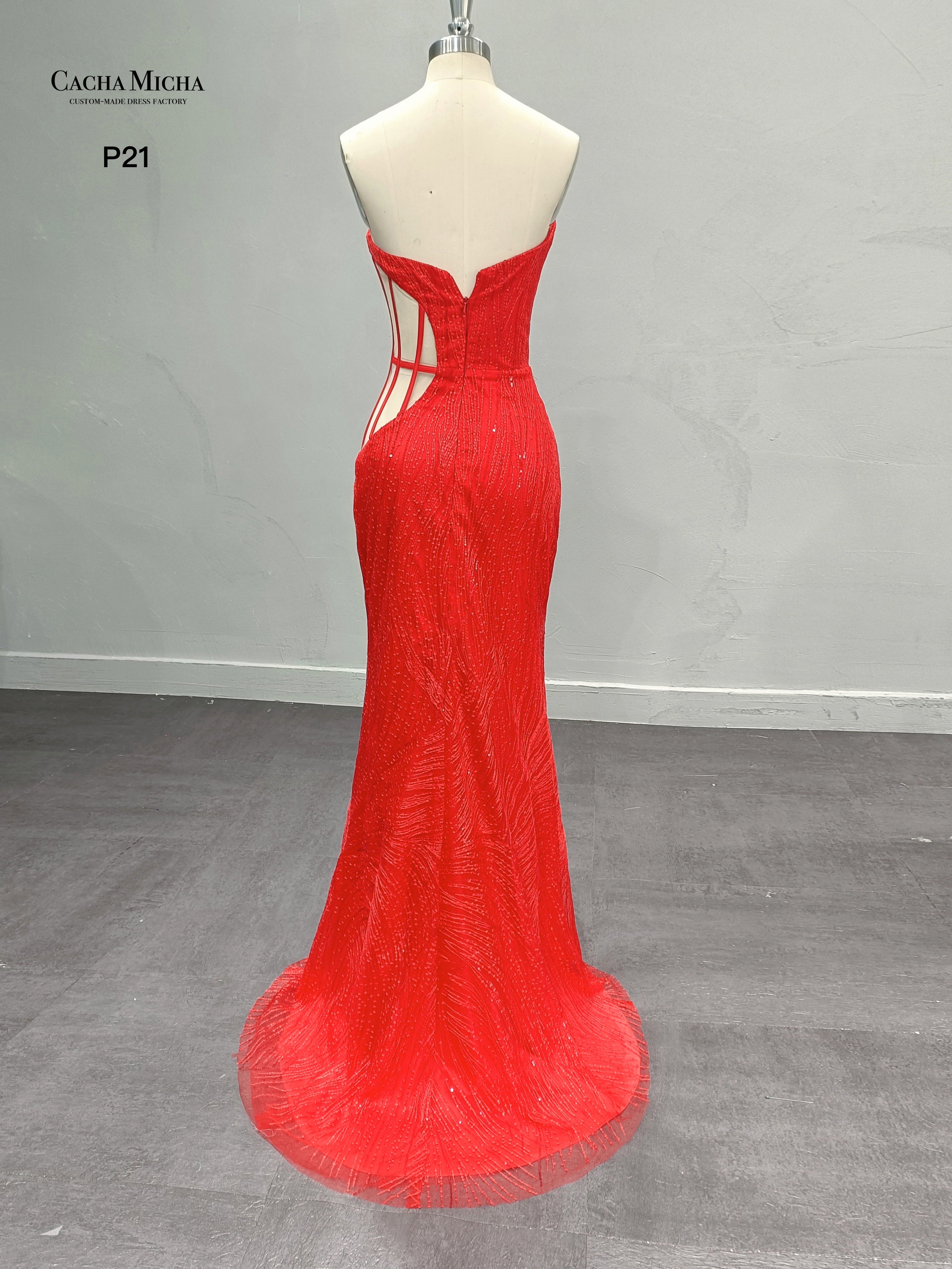 Sexy See Through Side Red Mermaid Prom Dress P21