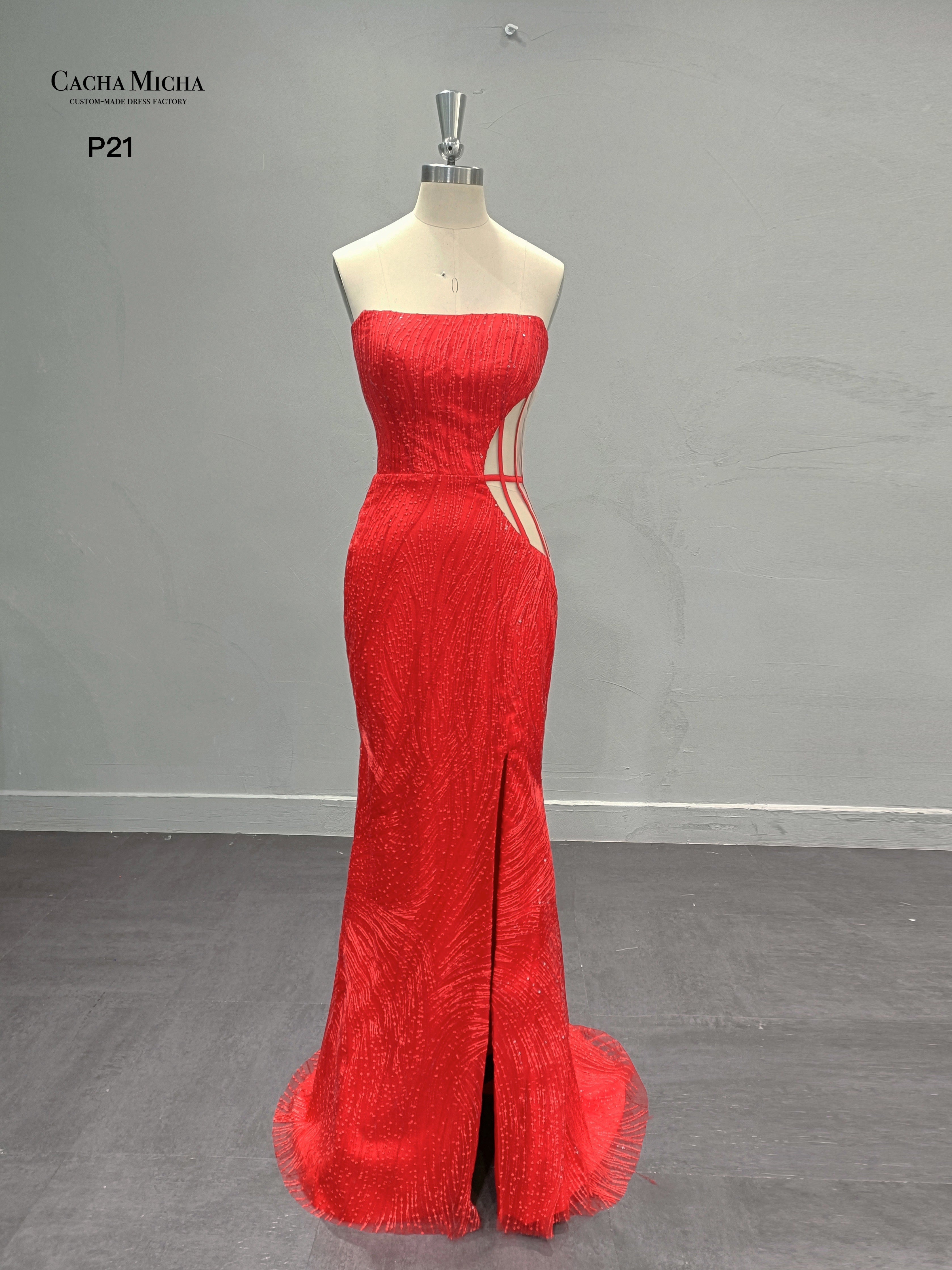 Sexy See Through Side Red Mermaid Prom Dress P21