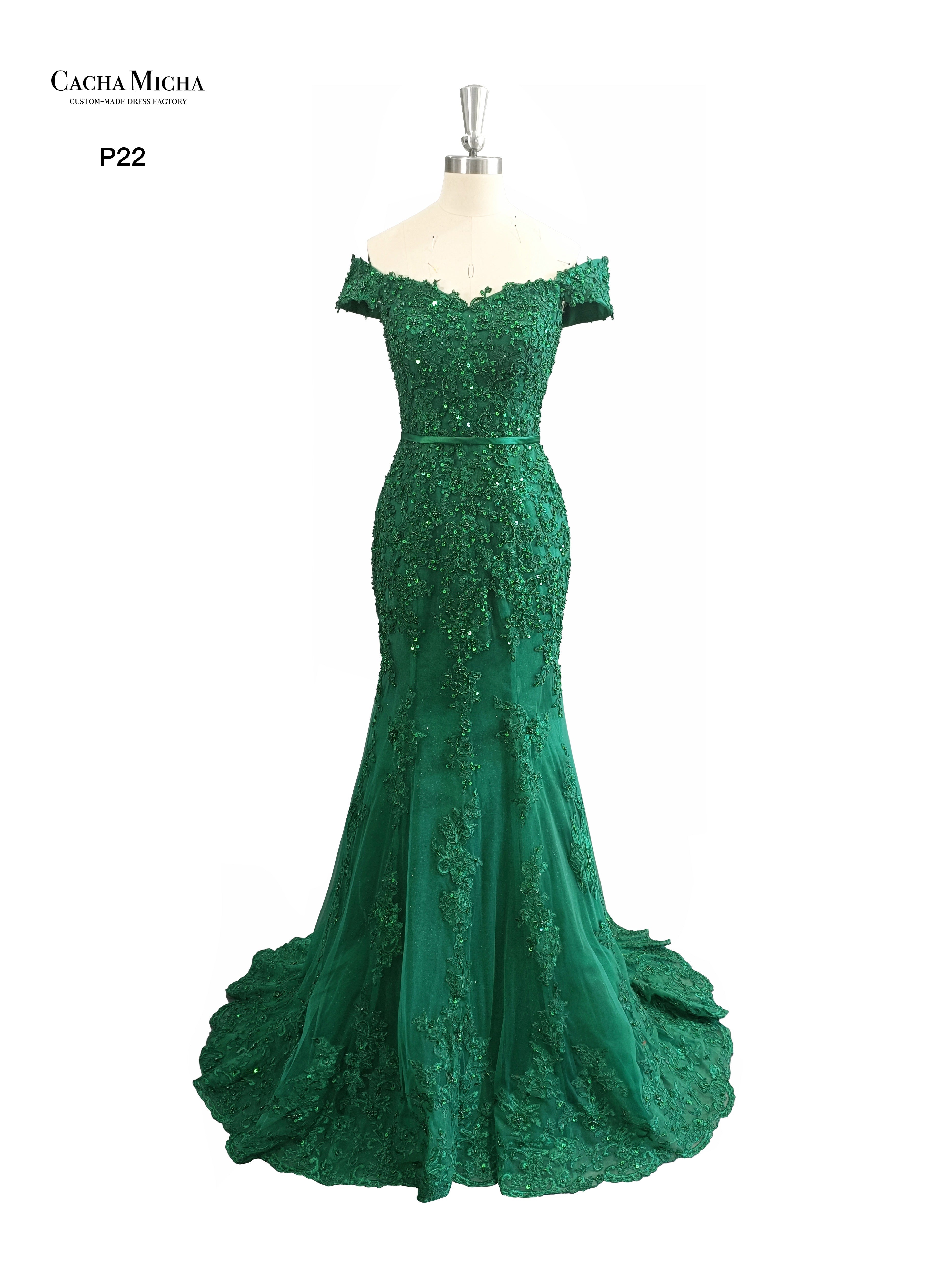 Off Shoulder Beaded Green Lace Mermaid Dress P22