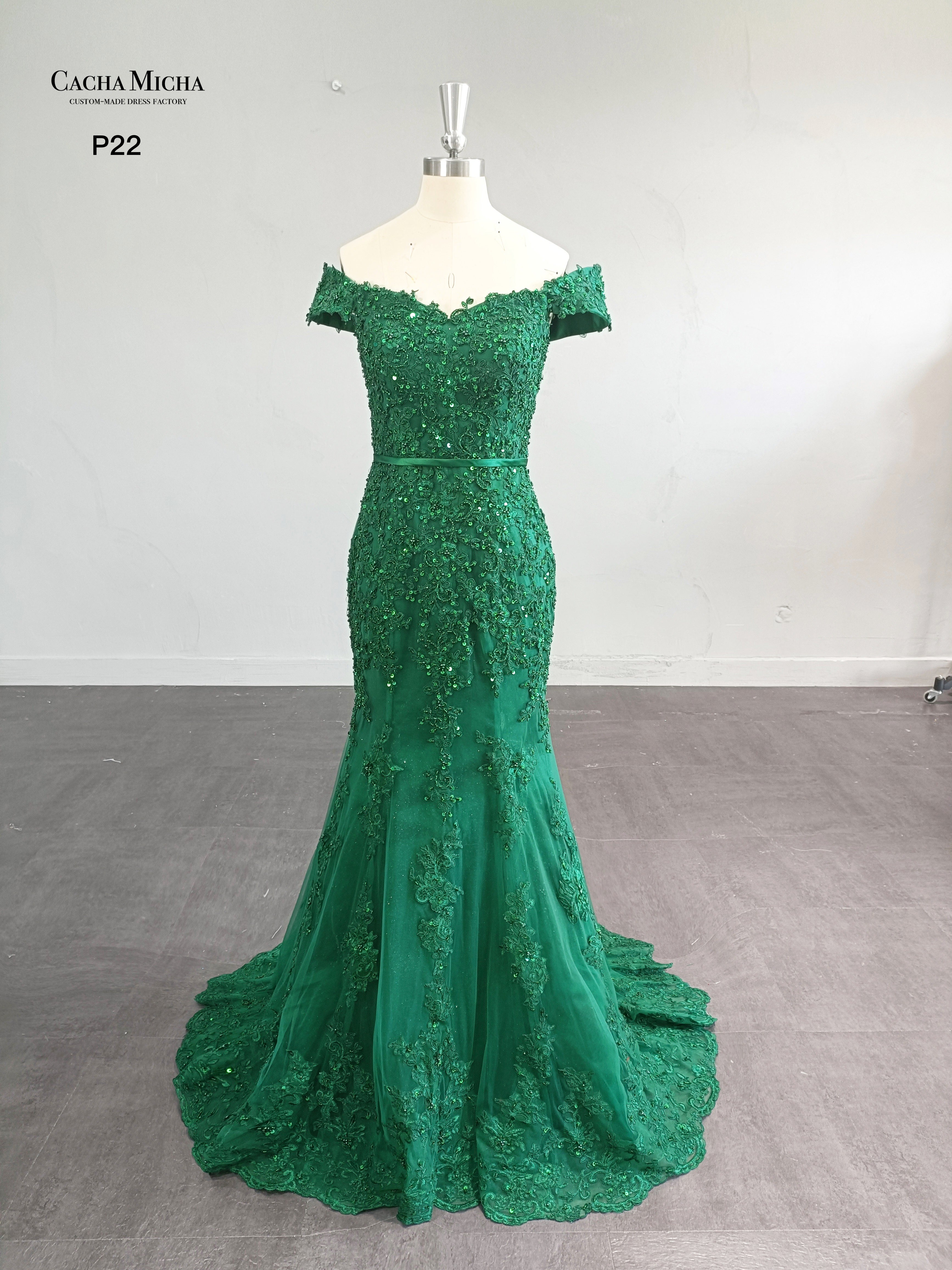 Off Shoulder Beaded Green Lace Mermaid Dress P22