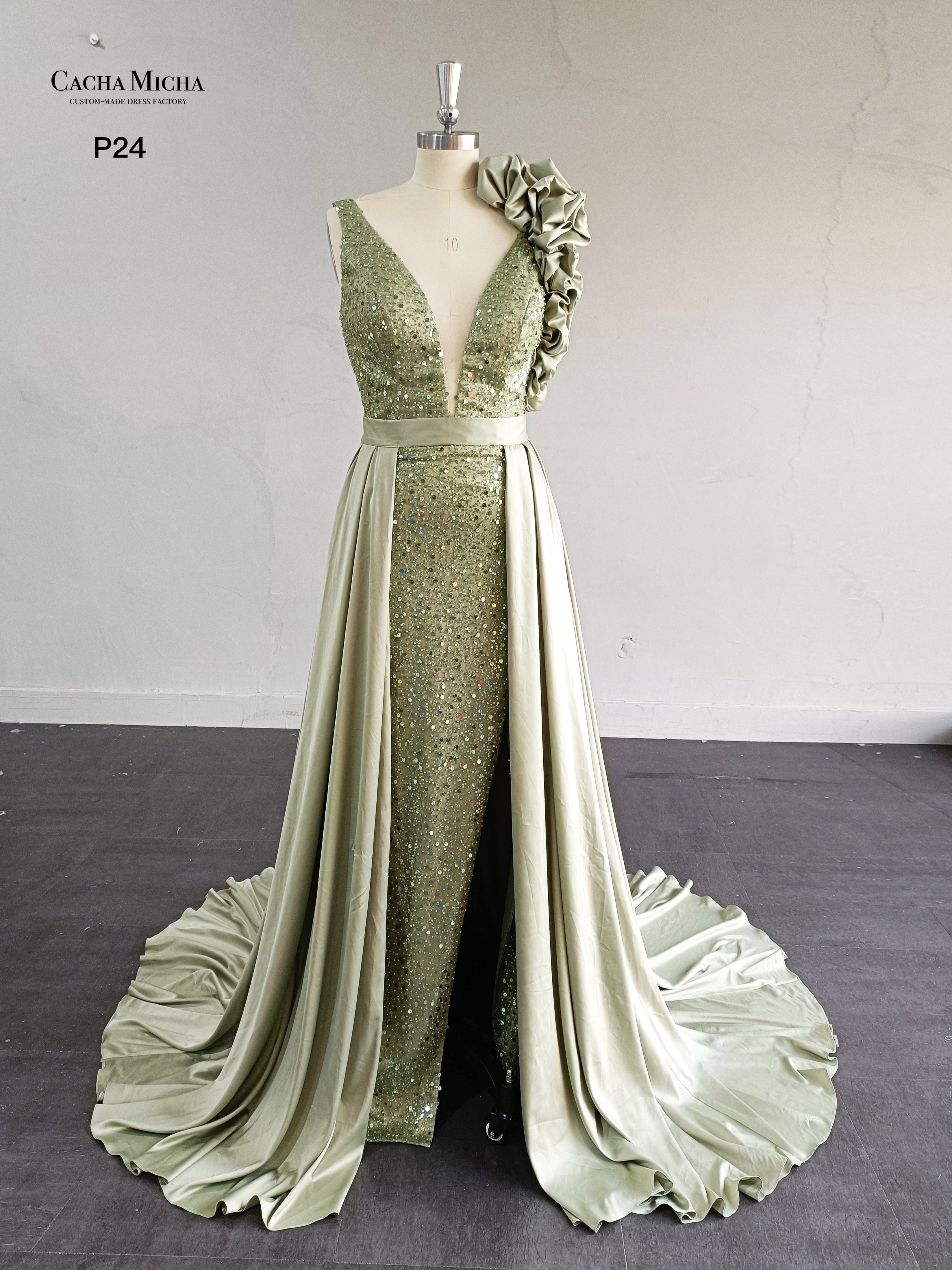 Green Beaded Mermaid Prom Dress With Detachable Skirt P24