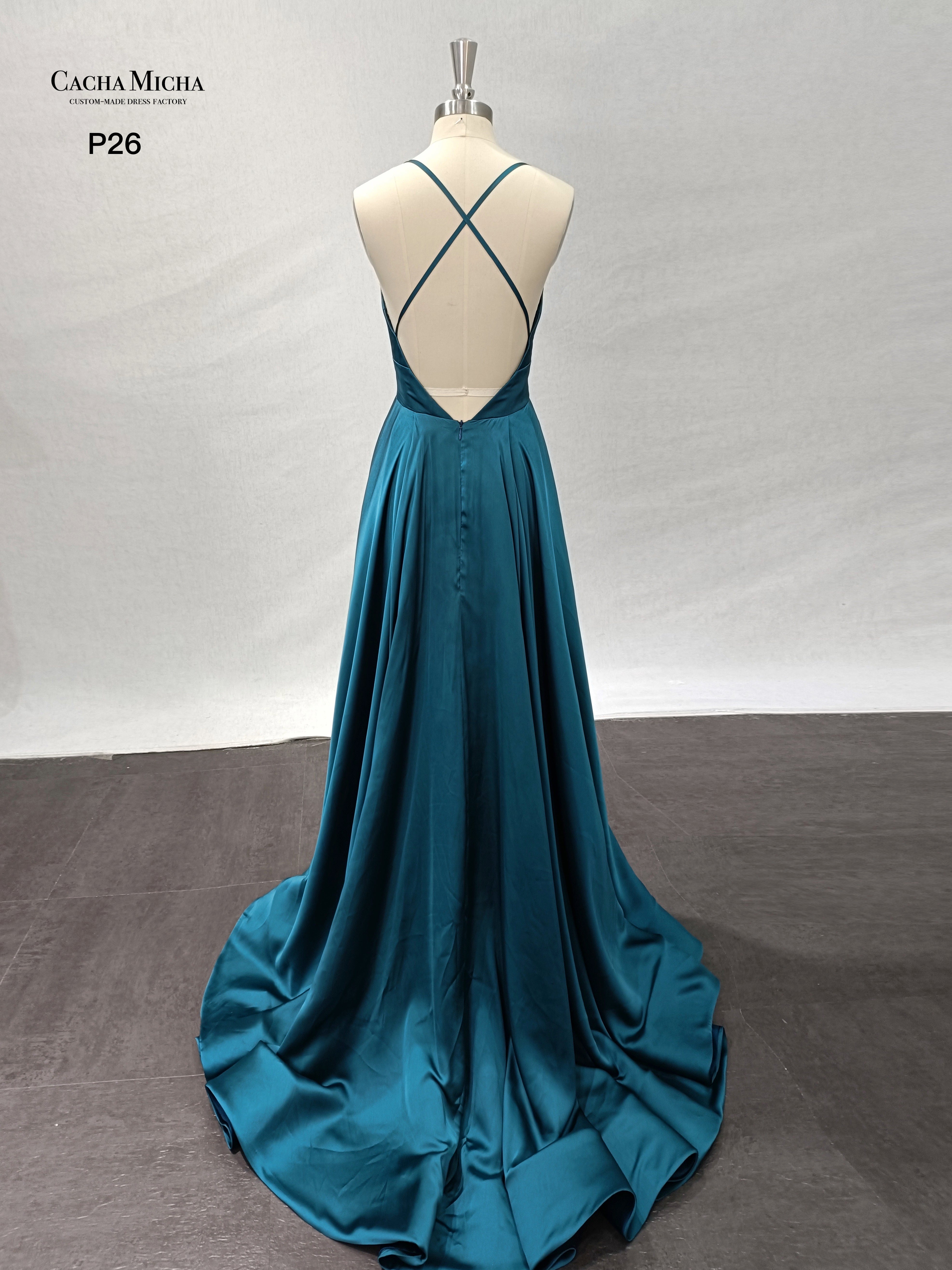 Spaghetti Straps Teal Blue Satin Prom Dress P26