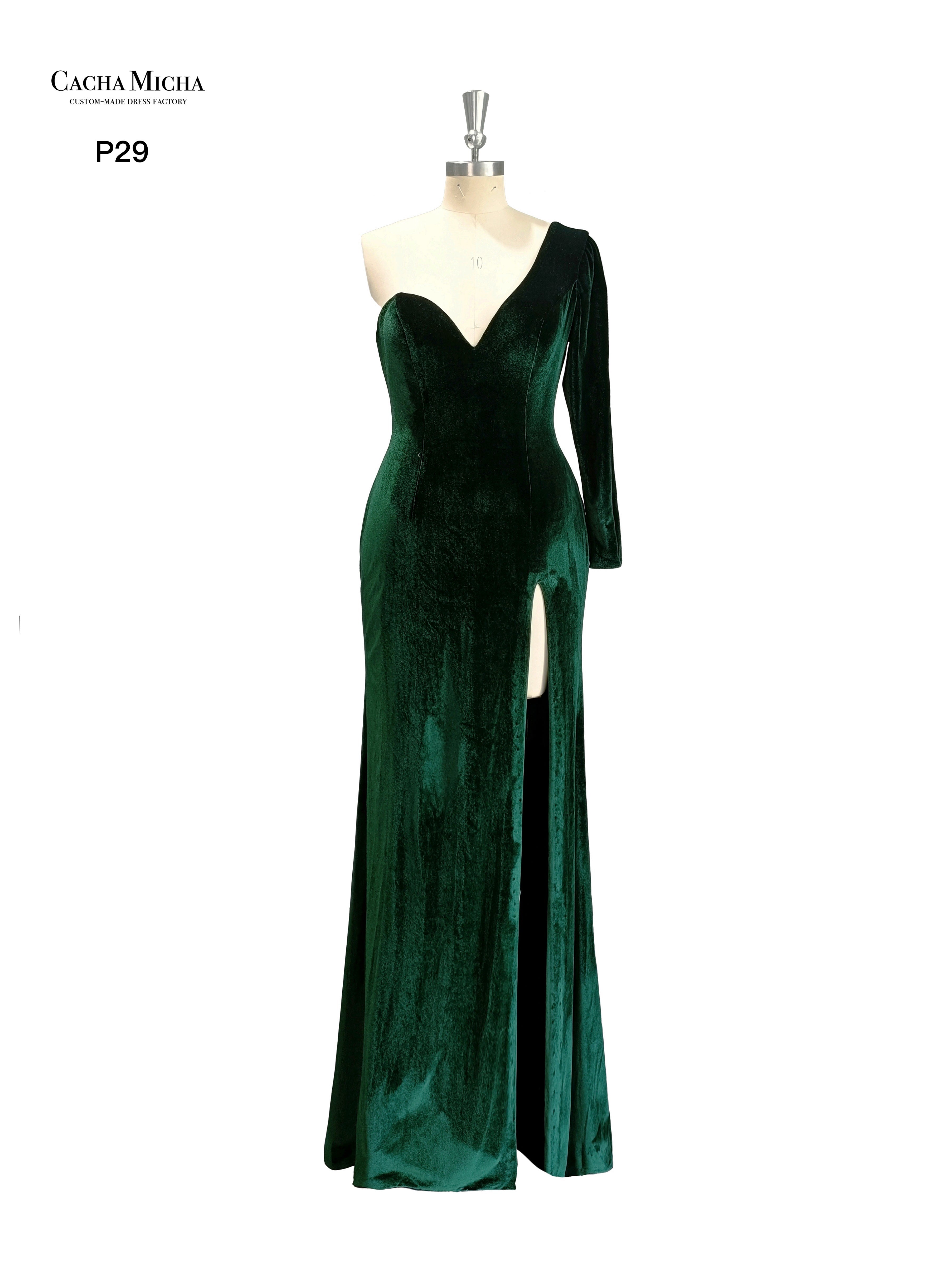 One Shoulder Long Sleeves Green Velvet Evening Dress P29