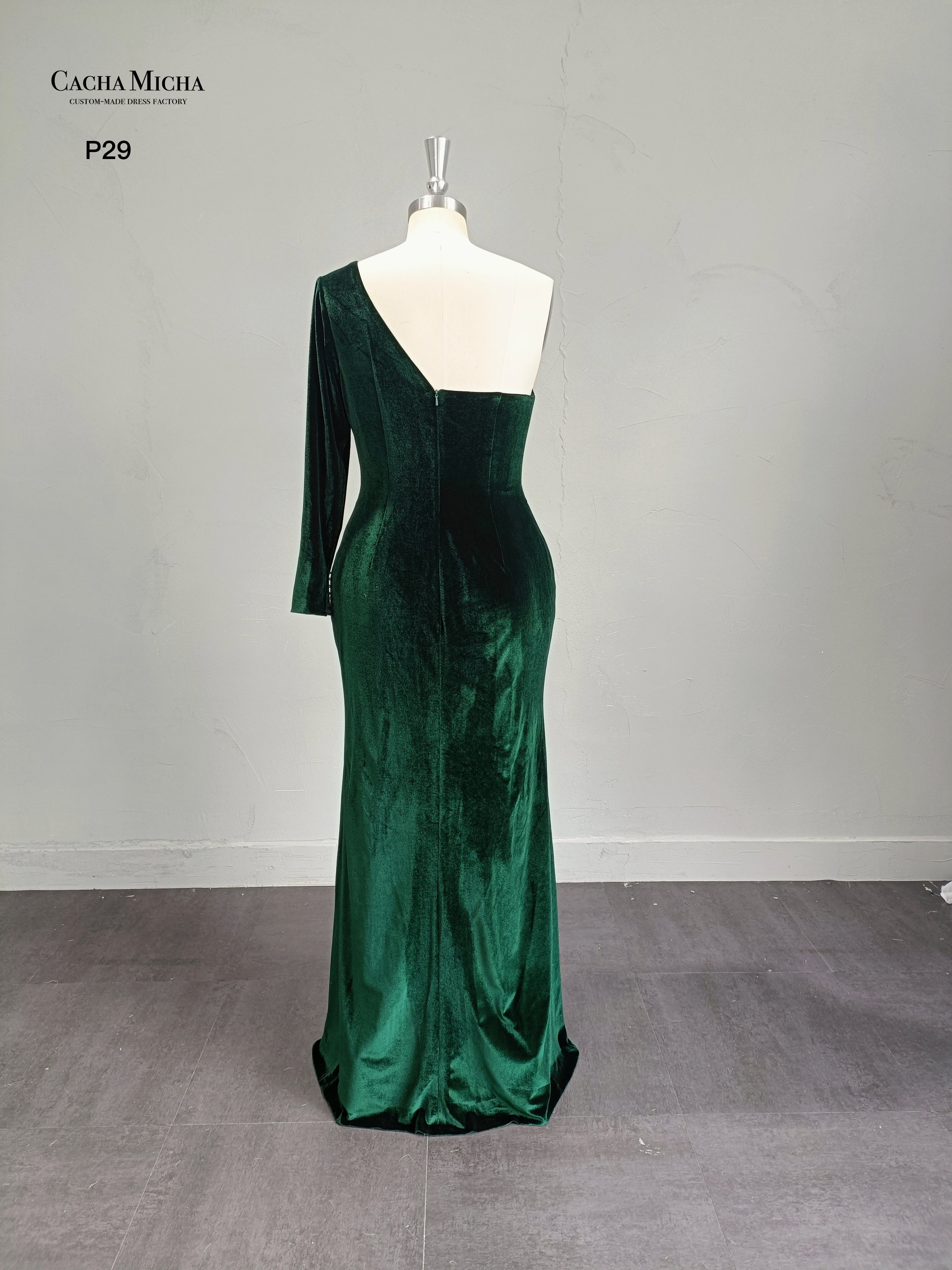 One Shoulder Long Sleeves Green Velvet Evening Dress P29