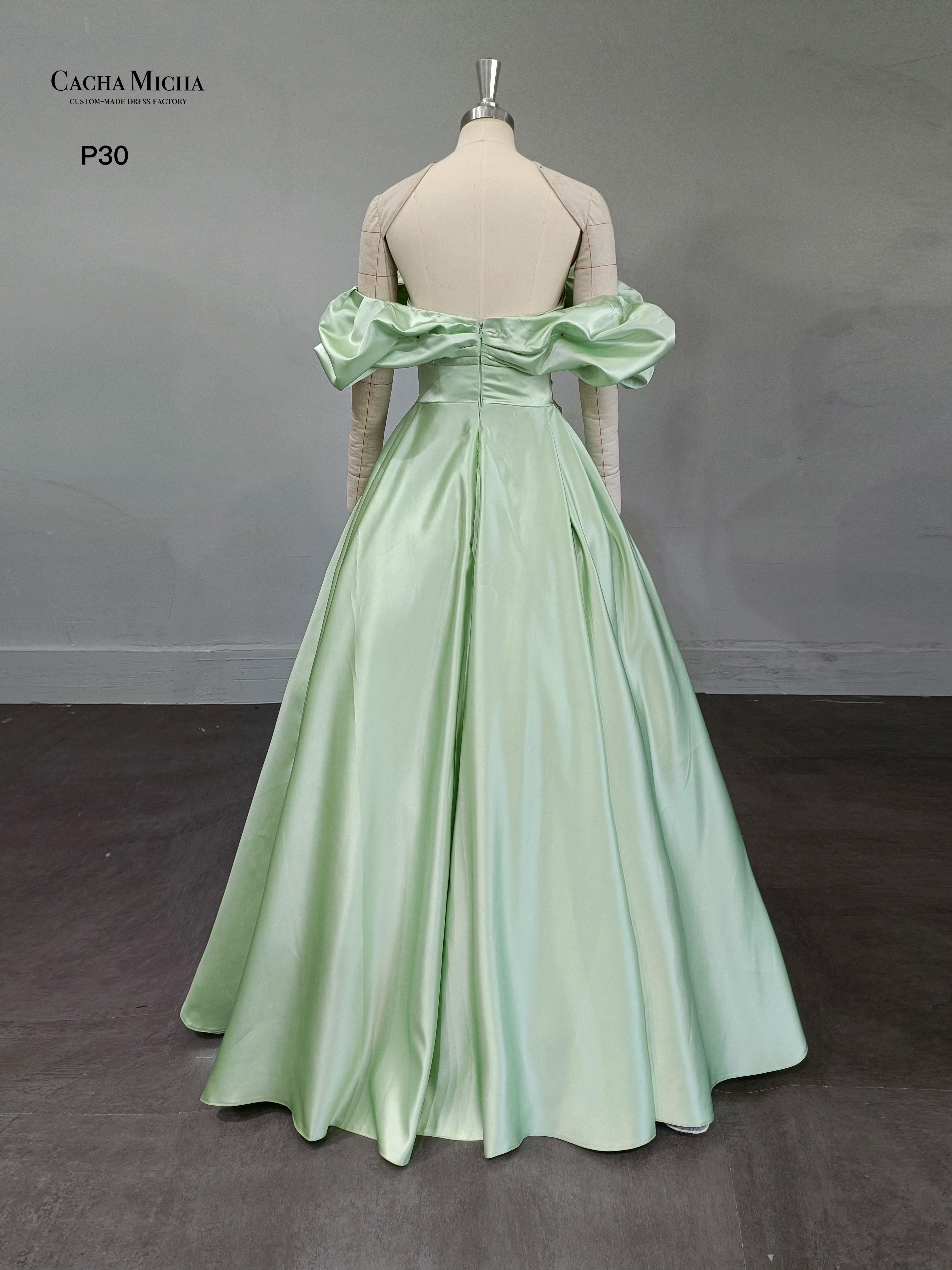 Unique Pleated Ball Gown Green Satin Prom Dress P30