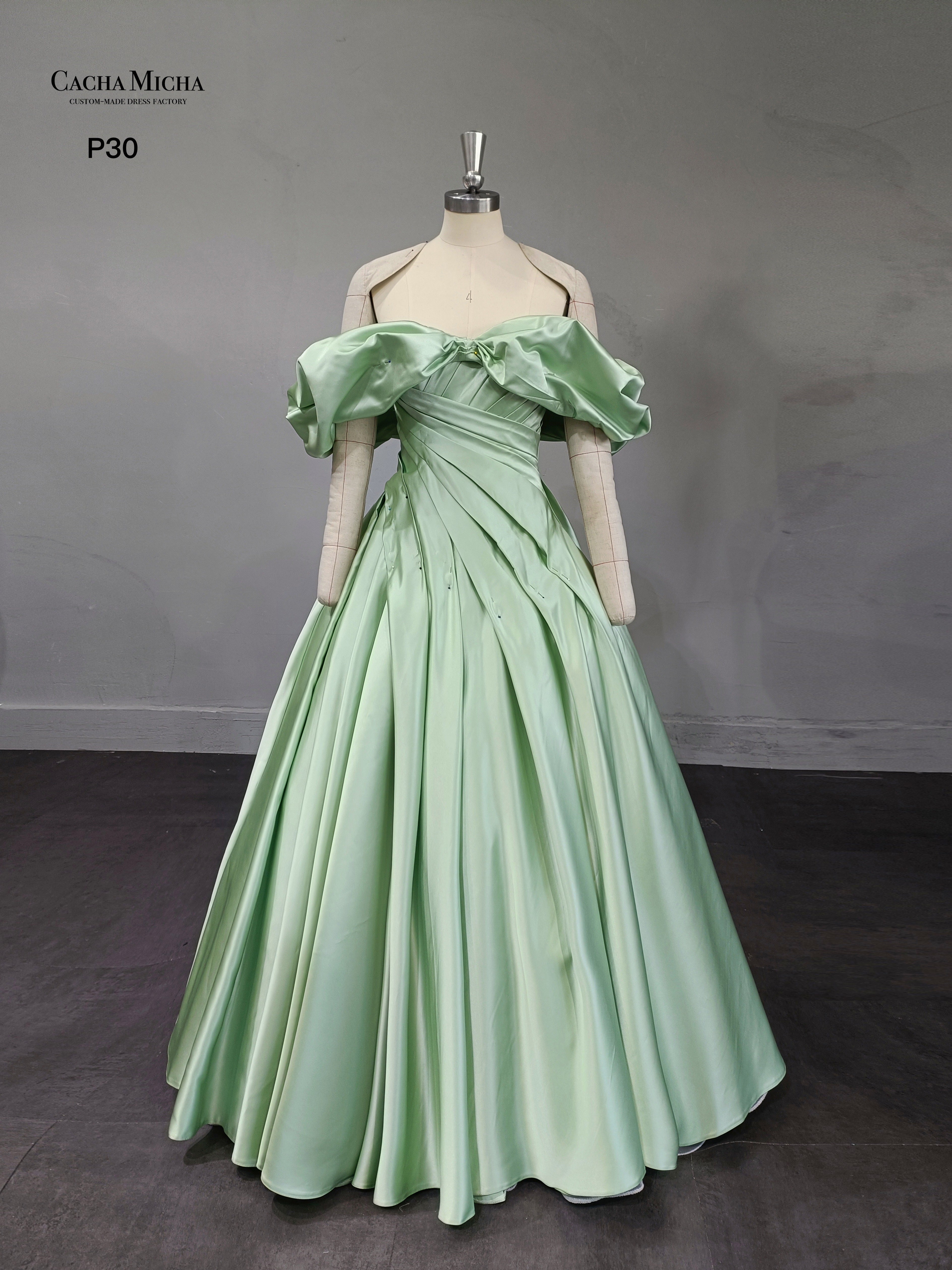 Unique Pleated Ball Gown Green Satin Prom Dress P30