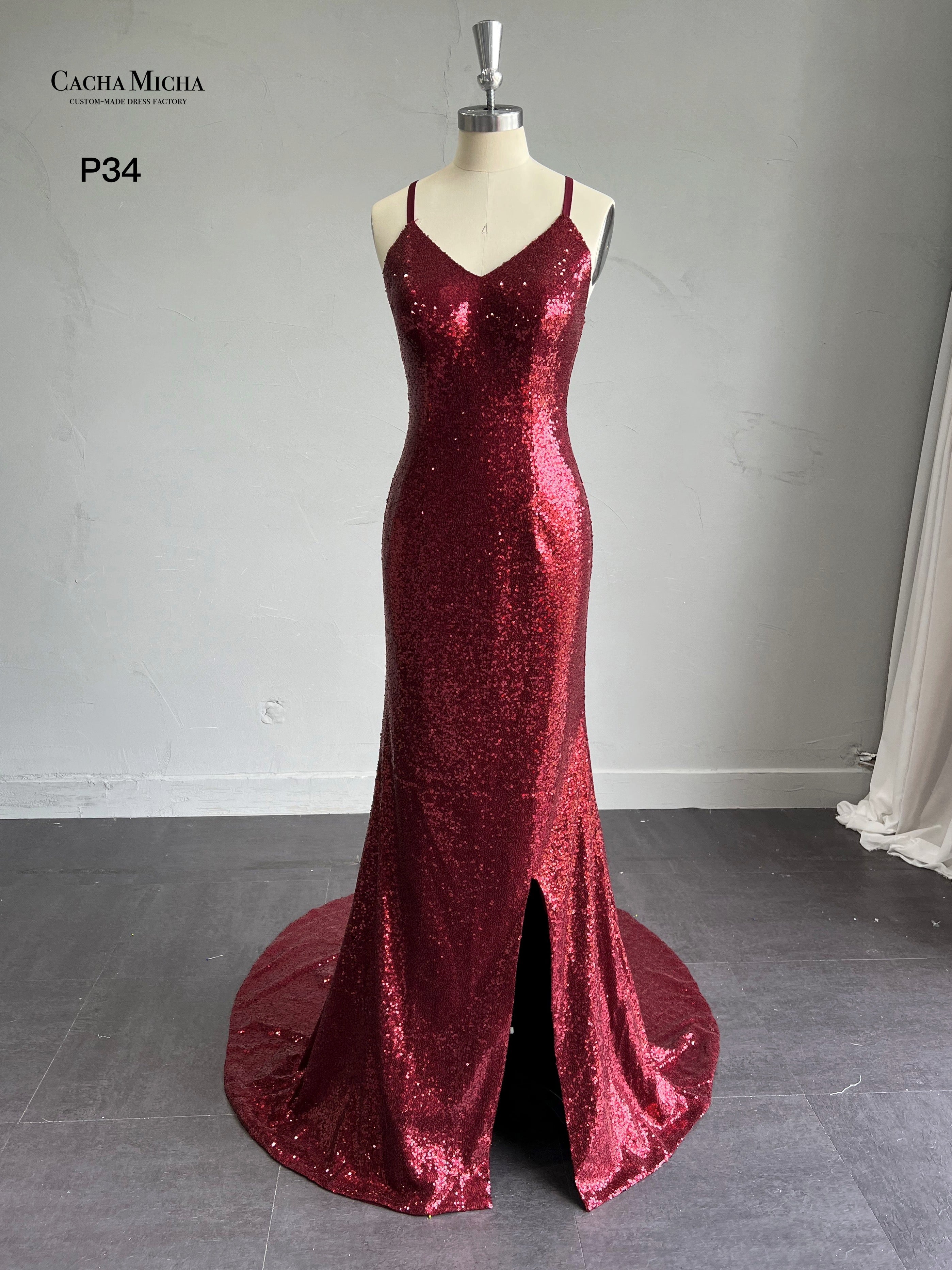 Sexy Backless Wine Red Sequin Mermaid Prom Dress P34