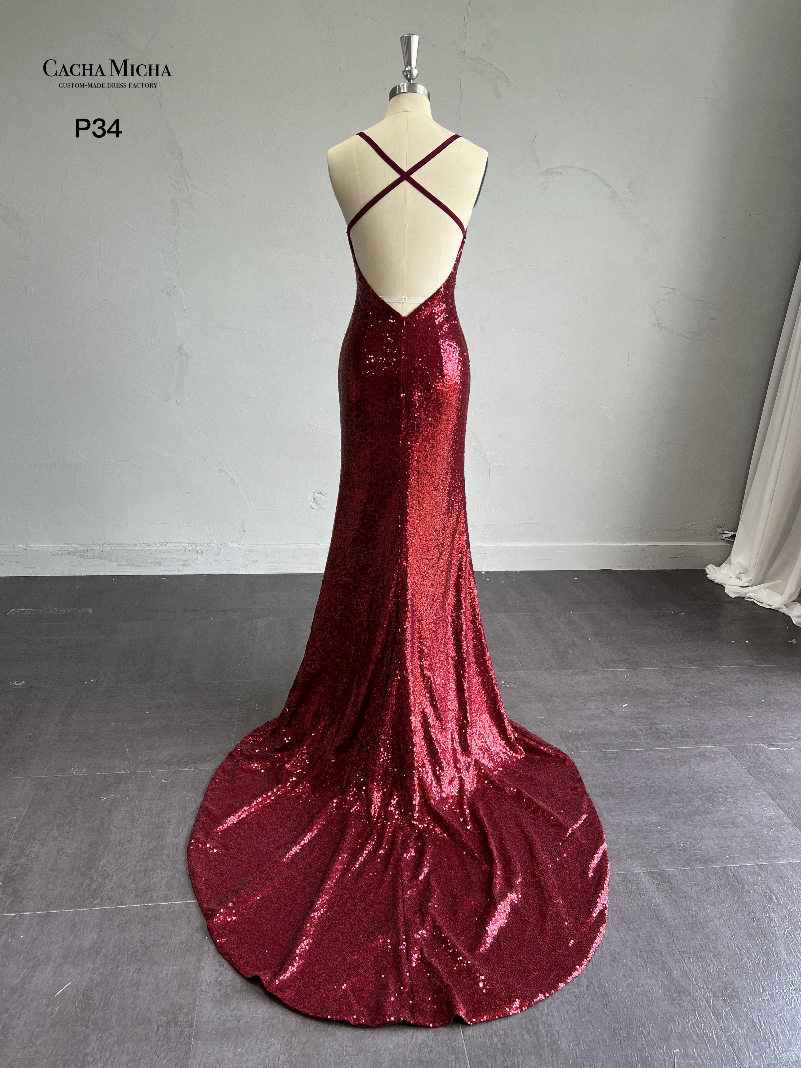 Sexy Backless Wine Red Sequin Mermaid Prom Dress P34