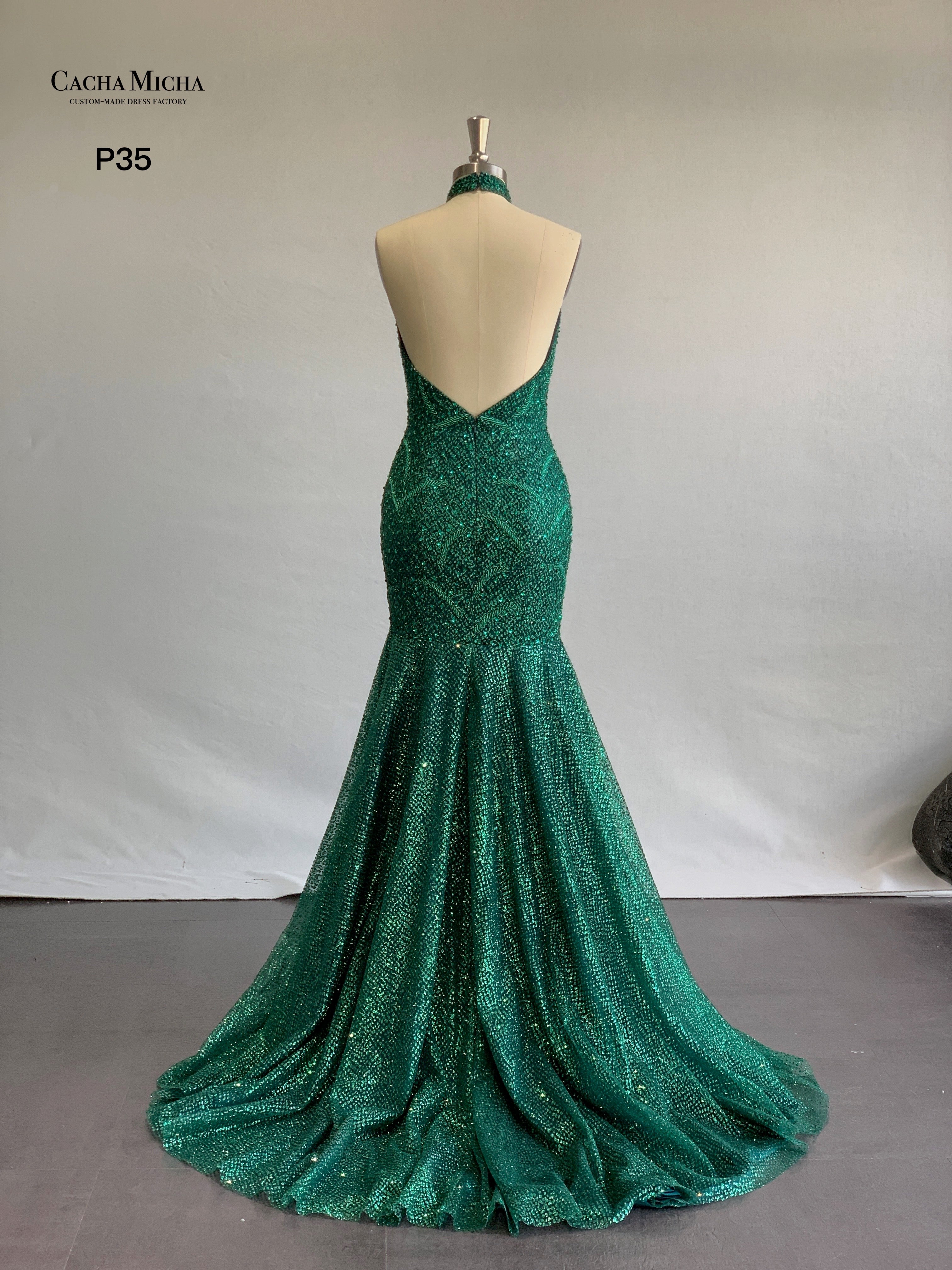 Halter Neck Hand Beaded Green Sparkle Prom Dress P35