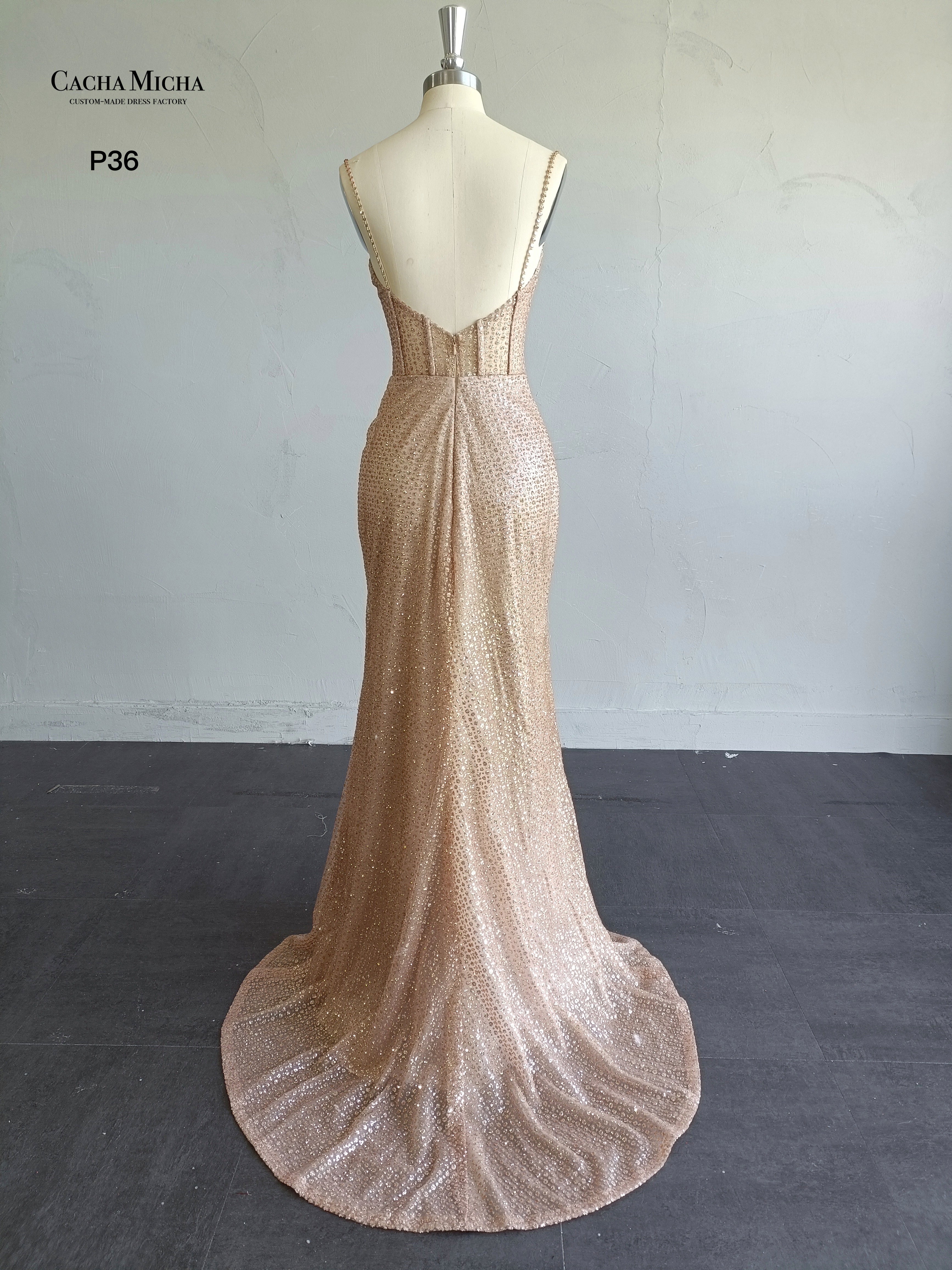 Corset Top Shinny Champagne Glitter Mermaid Prom Dress P36