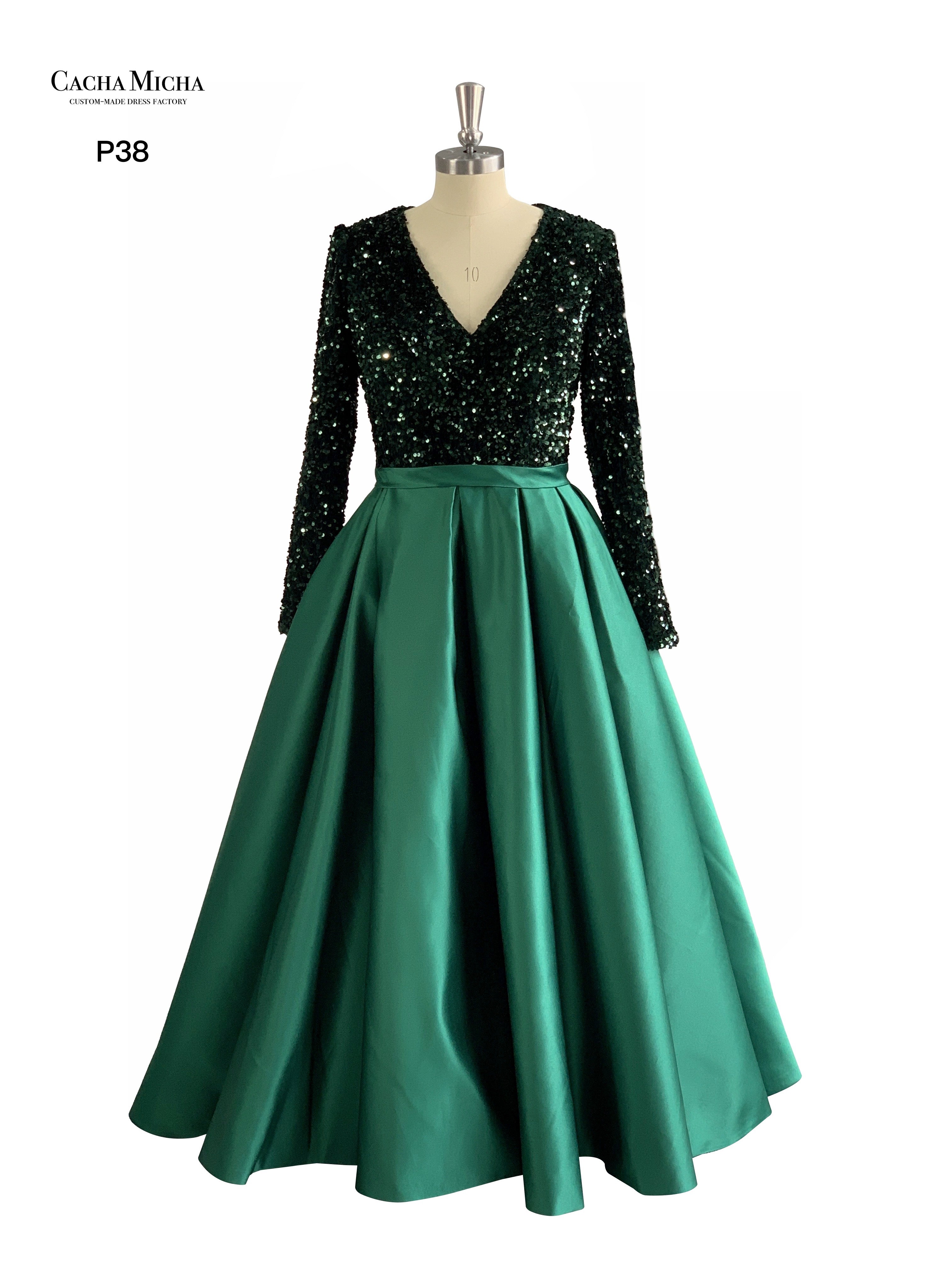 Sequin Long Sleeves Green Satin Prom Dress P38