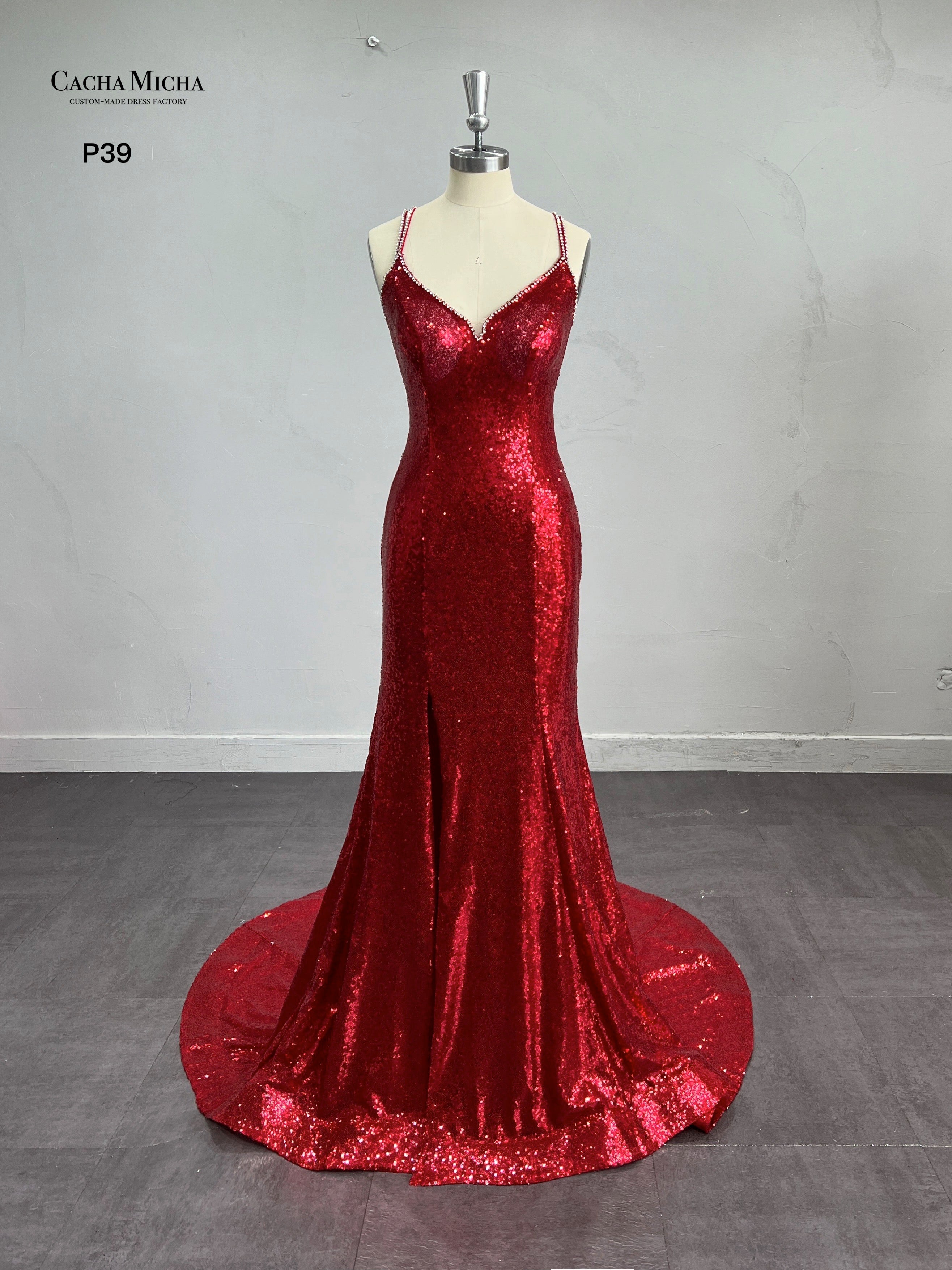Sexy Backless Red Sequin Prom Dress With Slit P39
