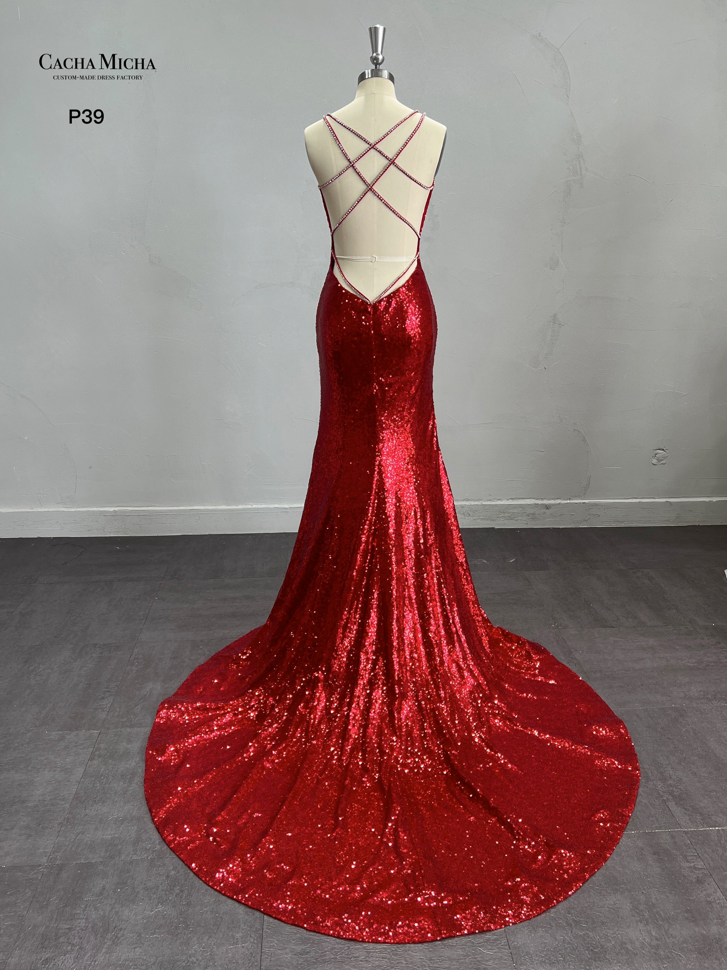 Sexy Backless Red Sequin Prom Dress With Slit P39