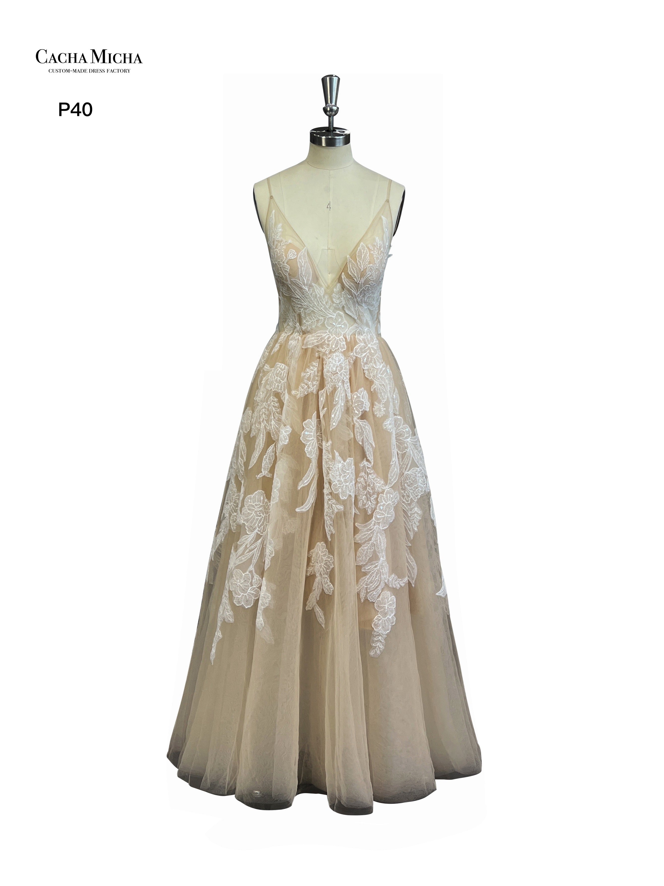 Backless Ivory Lace Champagne Prom Dress P40