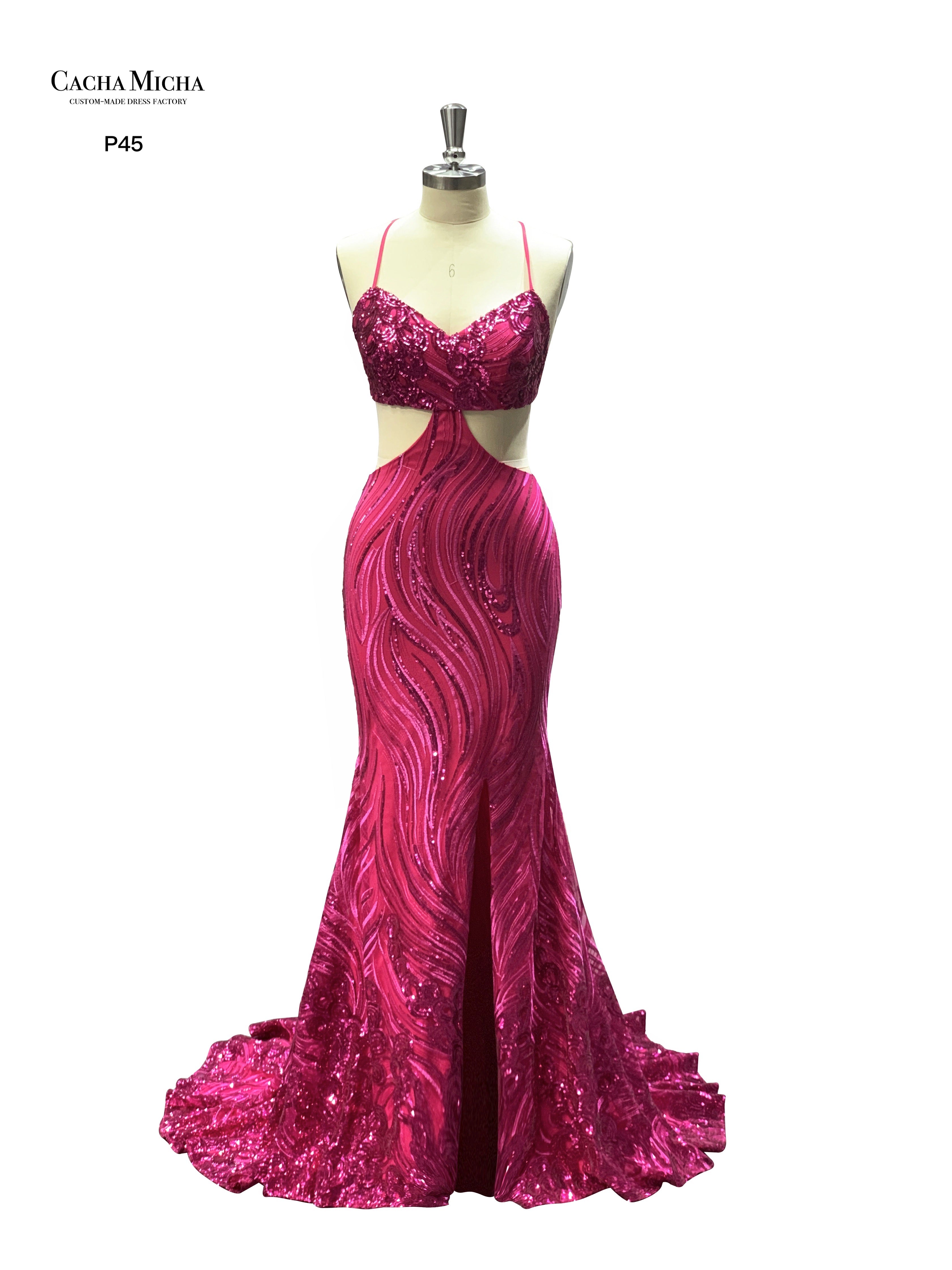 Fuchsia Sequin Backless Sexy Prom Dress P45