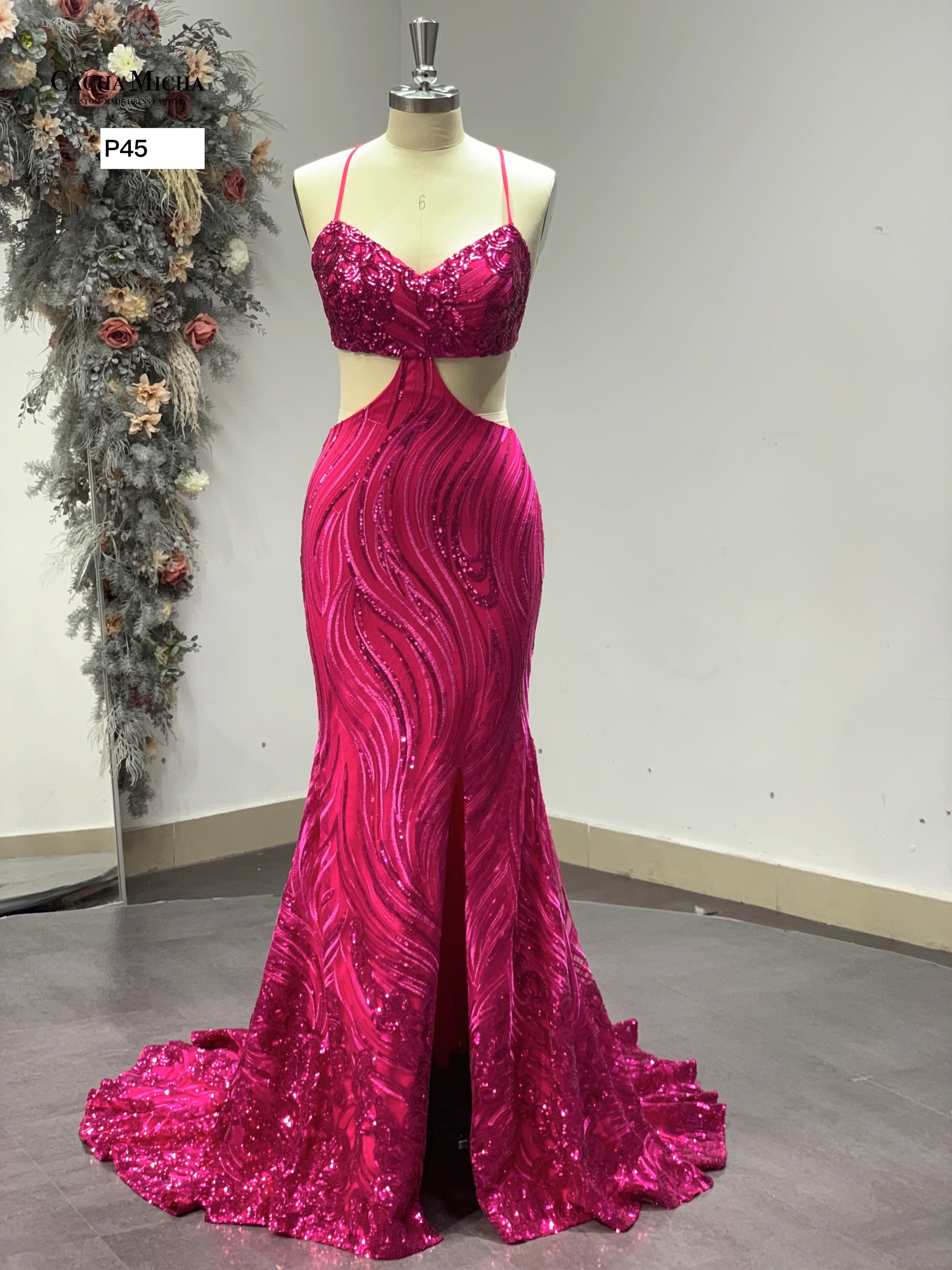 Fuchsia Sequin Backless Sexy Prom Dress P45
