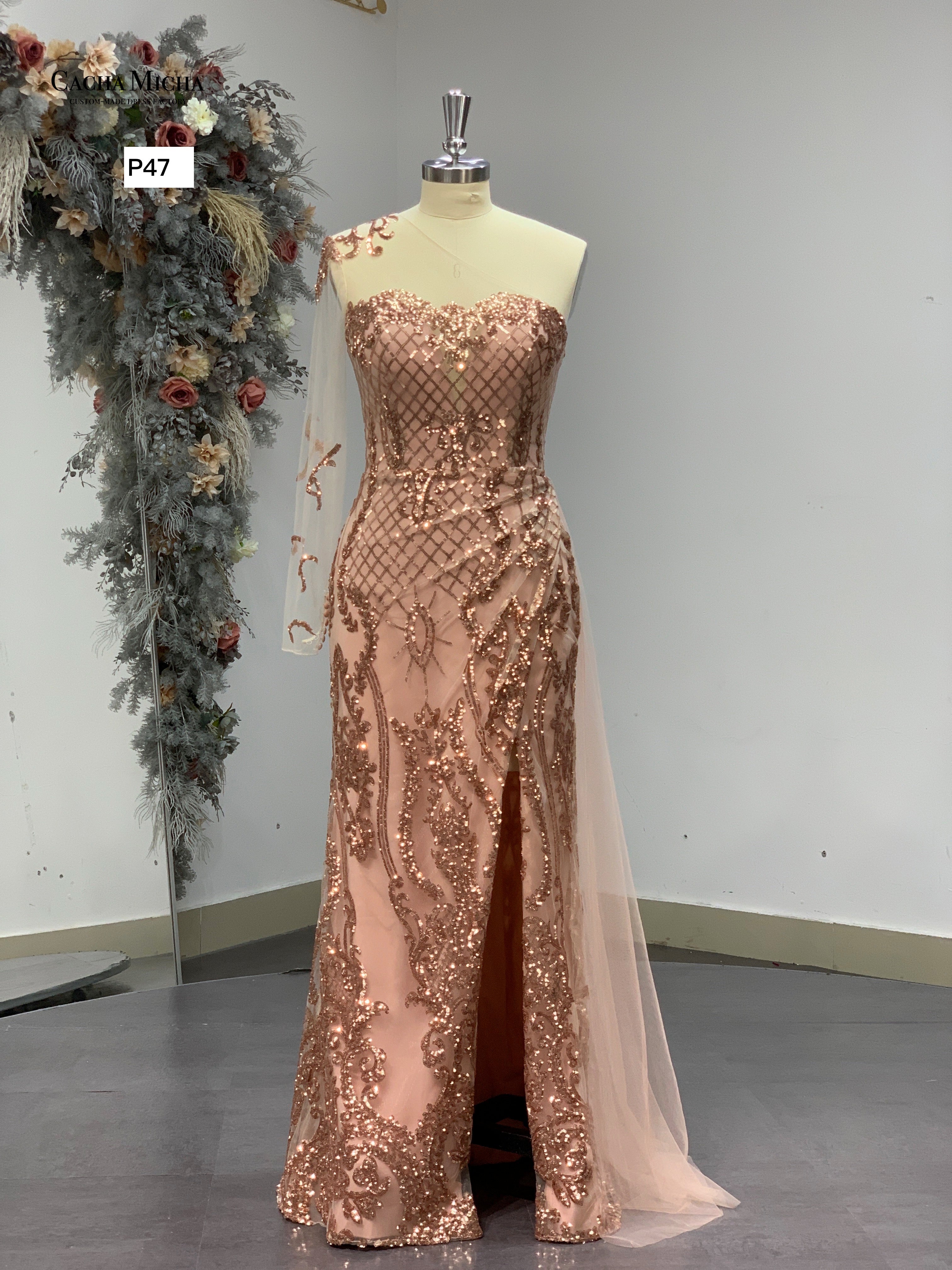 One Shoulder Long Sleeve Sequin Prom Dress P47