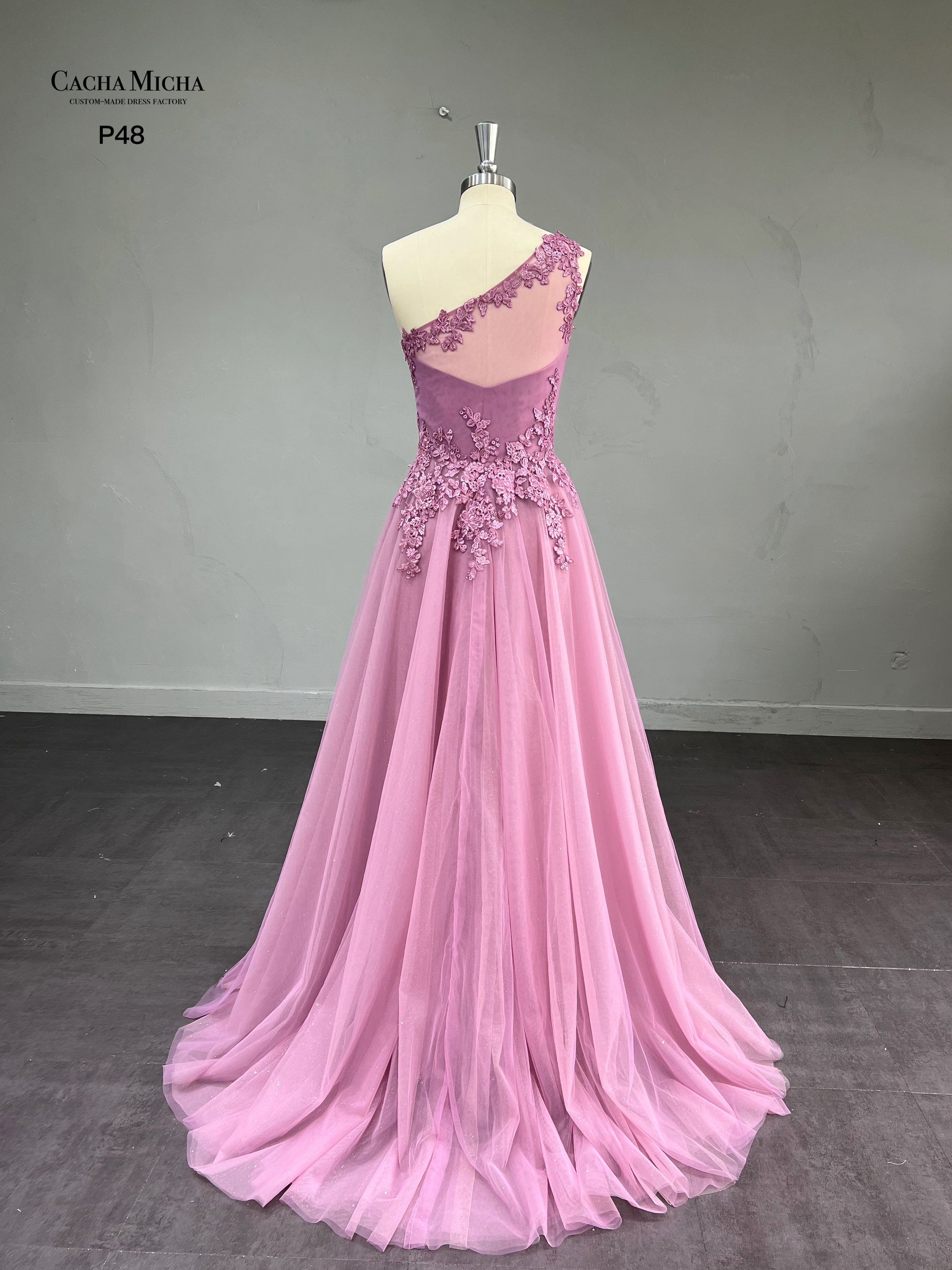 One Shoulder Pink Lace A Line Prom Dress P48