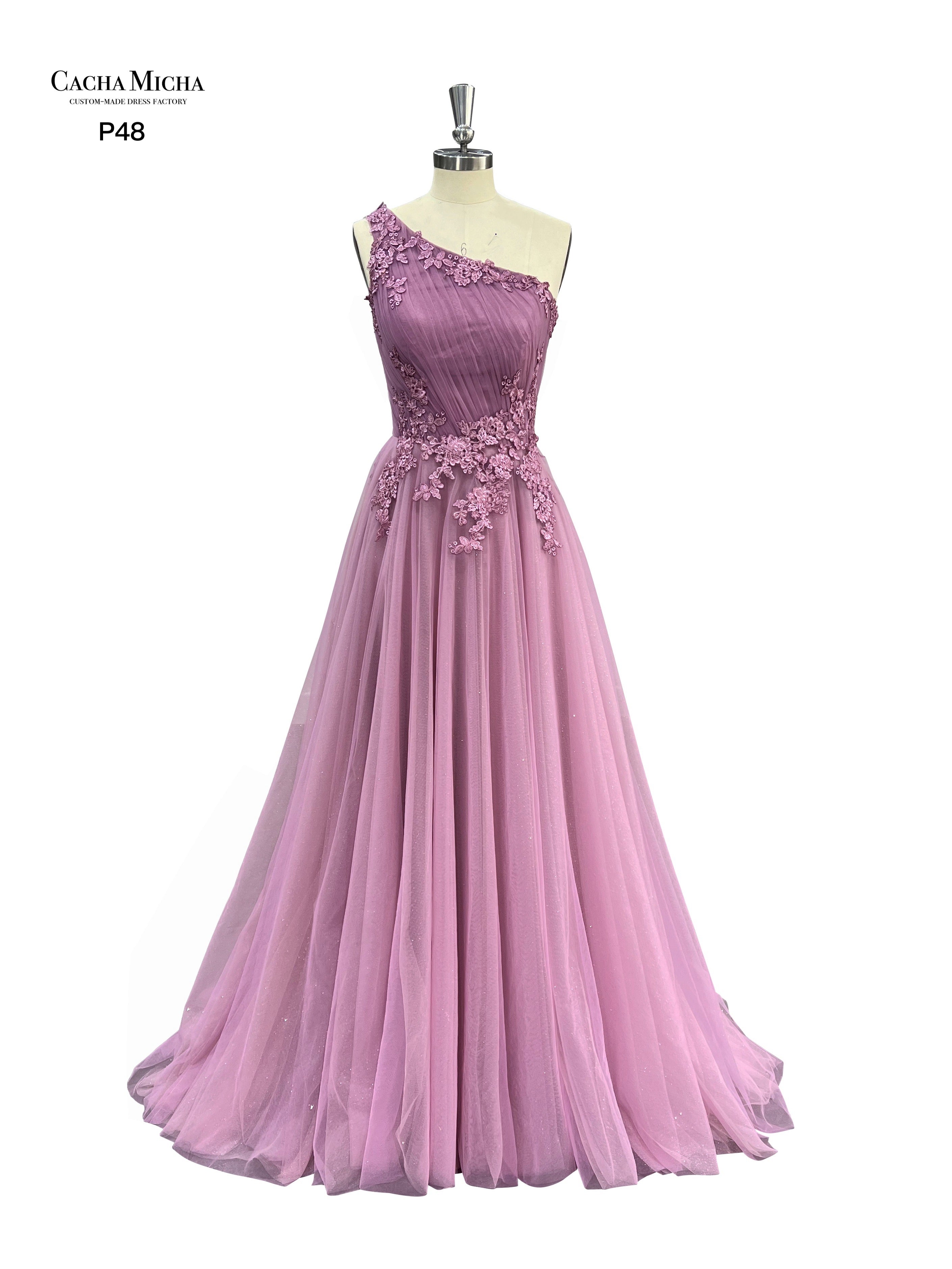 One Shoulder Pink Lace A Line Prom Dress P48