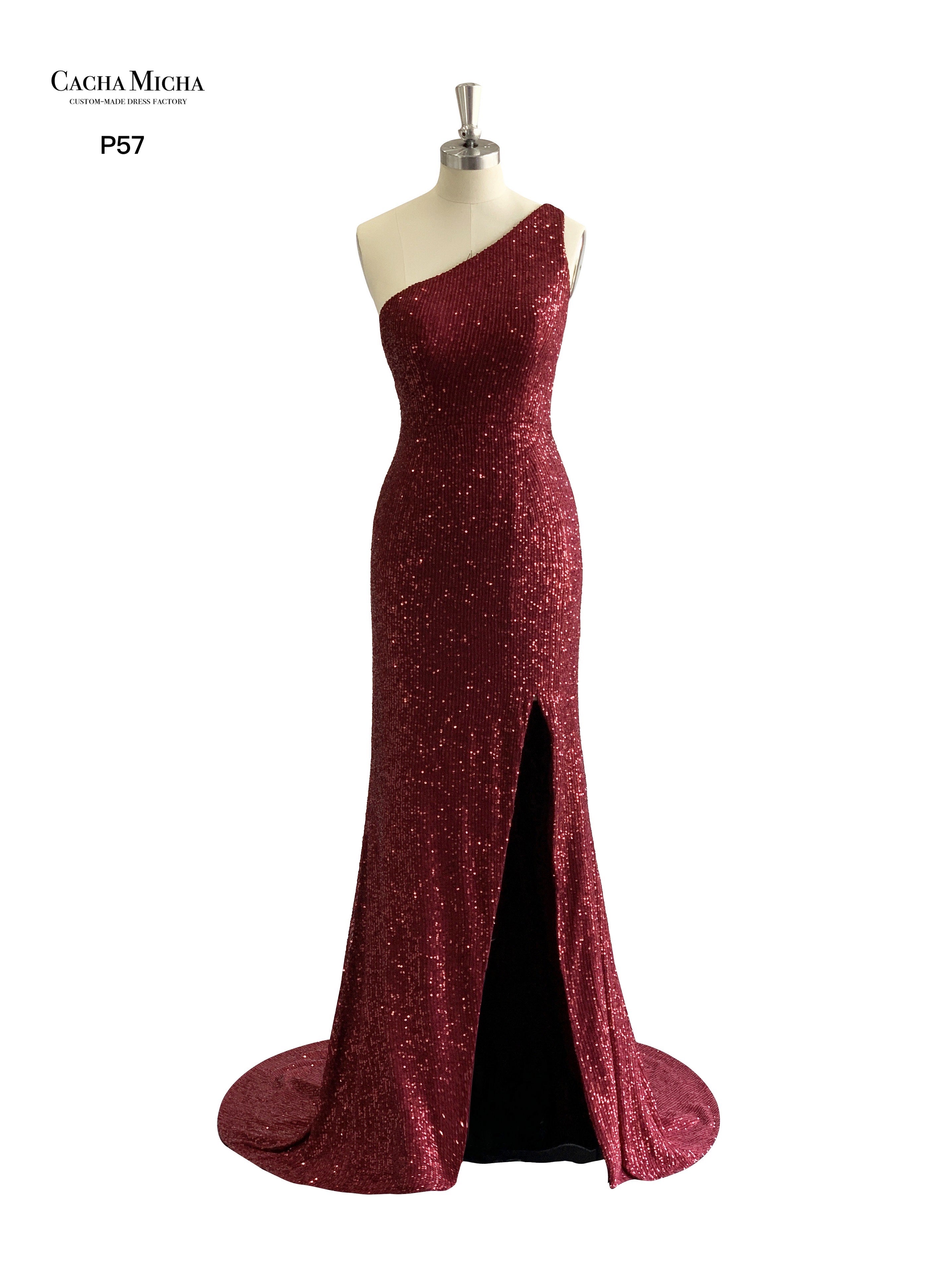 One Shoulder Wine Red Sequin Prom Dress P57