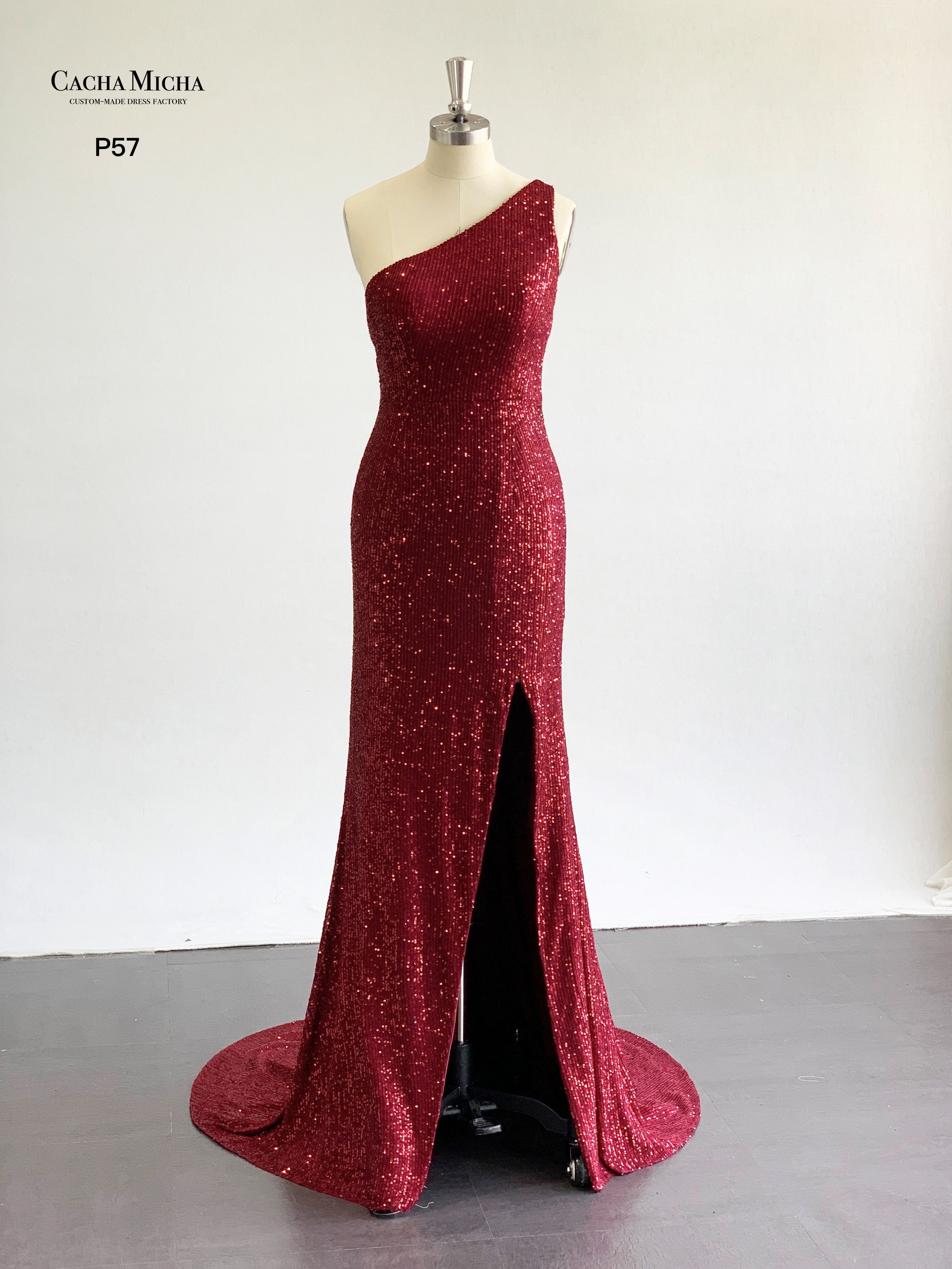 One Shoulder Wine Red Sequin Prom Dress P57