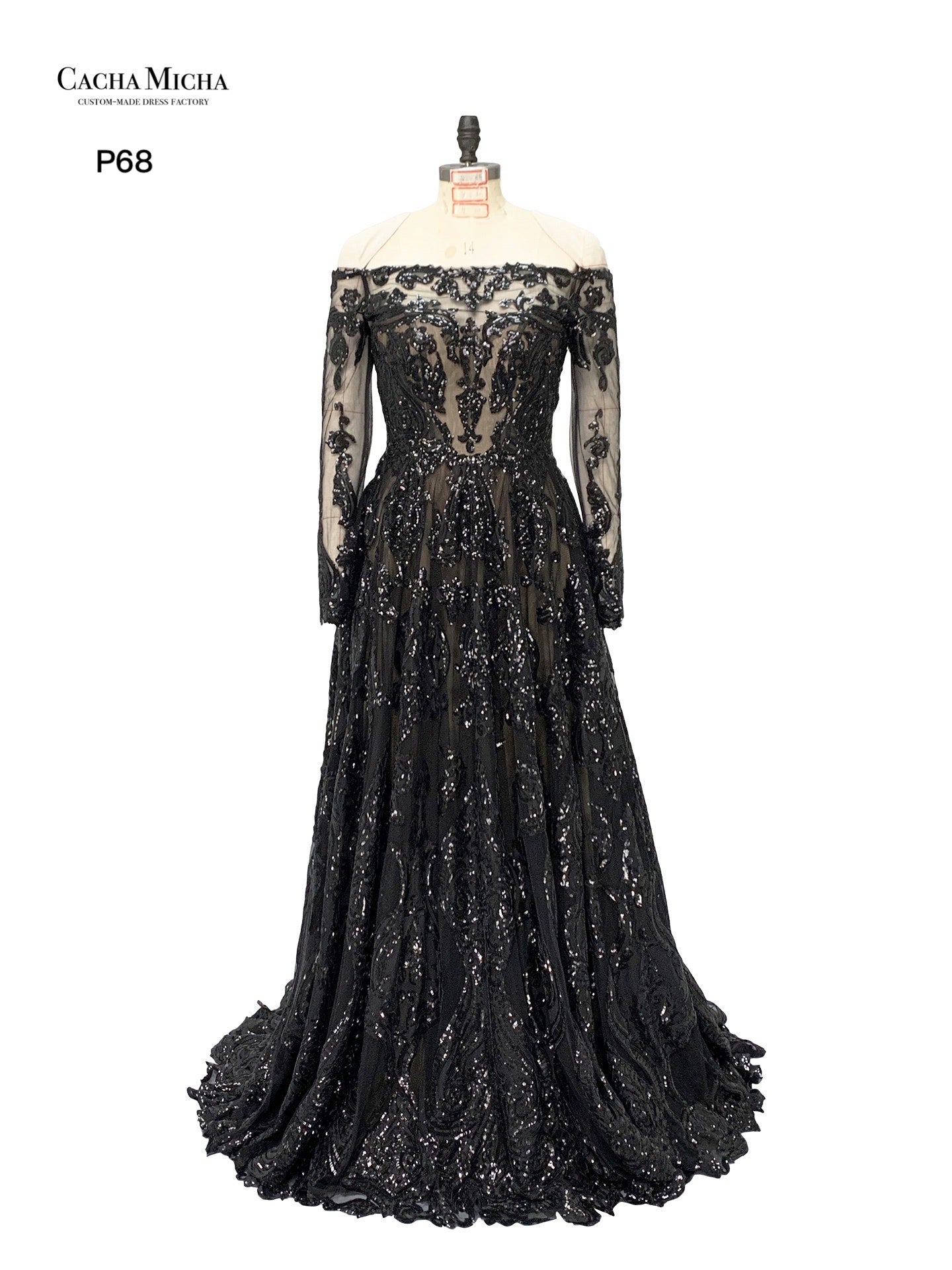 Black Sequin Lace Off Shoulder Long Sleeves Prom Dress P68