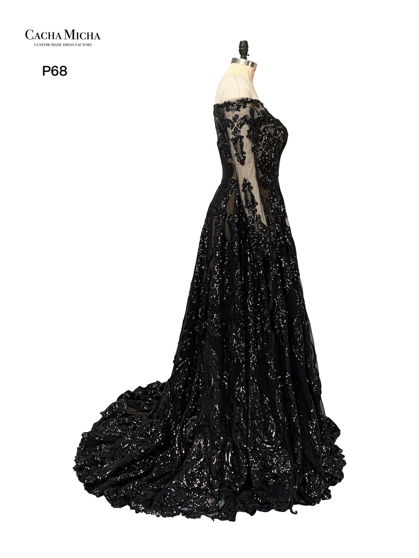 Black Sequin Lace Off Shoulder Long Sleeves Prom Dress P68