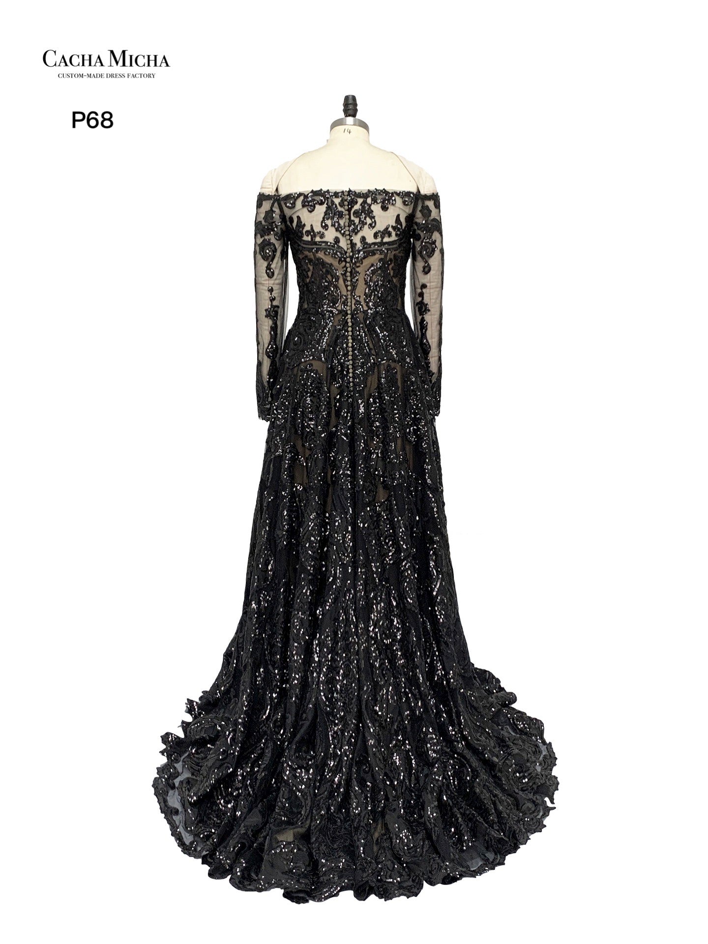 Black Sequin Lace Off Shoulder Long Sleeves Prom Dress P68