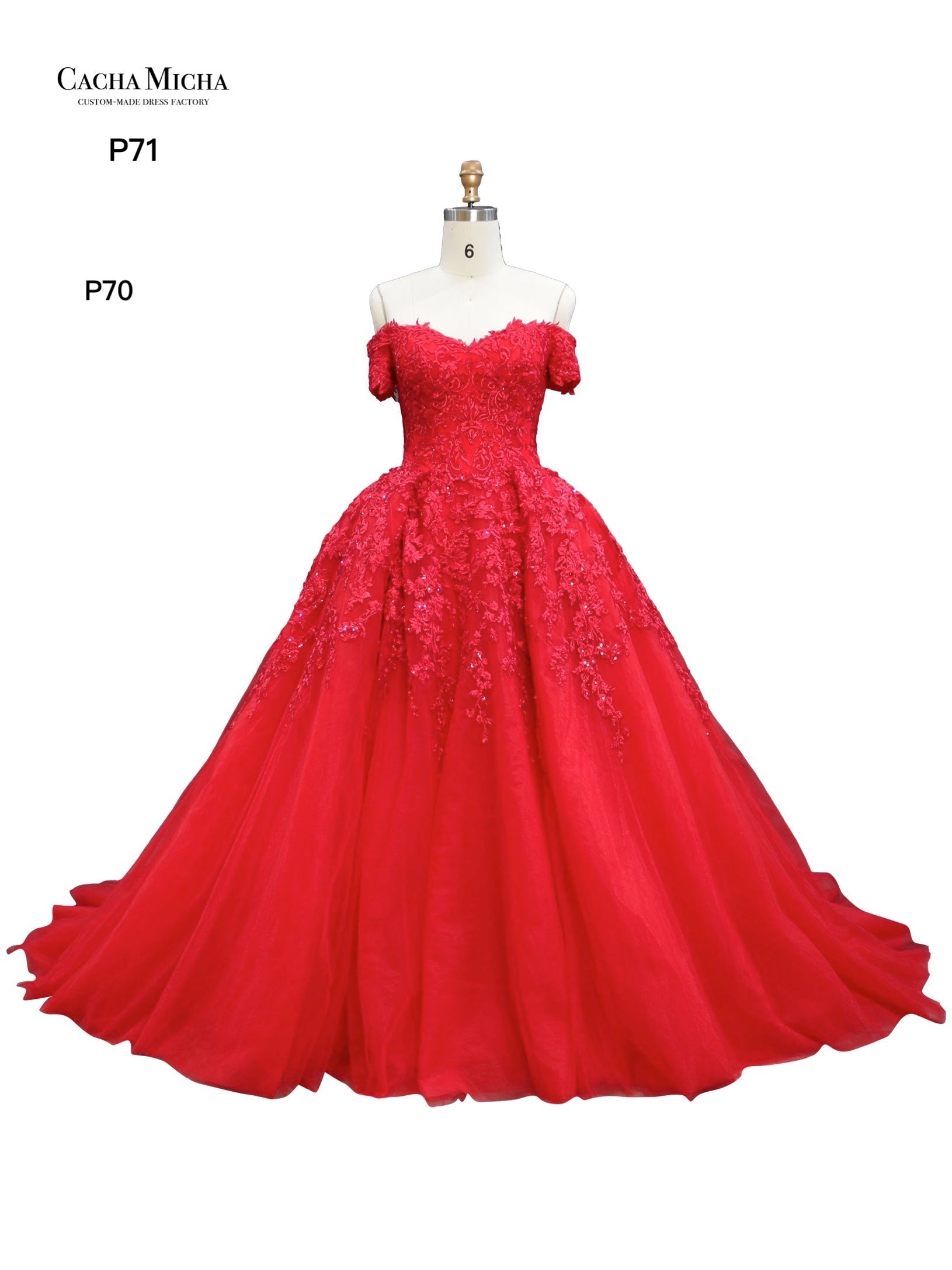 Off Shoulder Lace Ball Gown Red Prom Dress P71