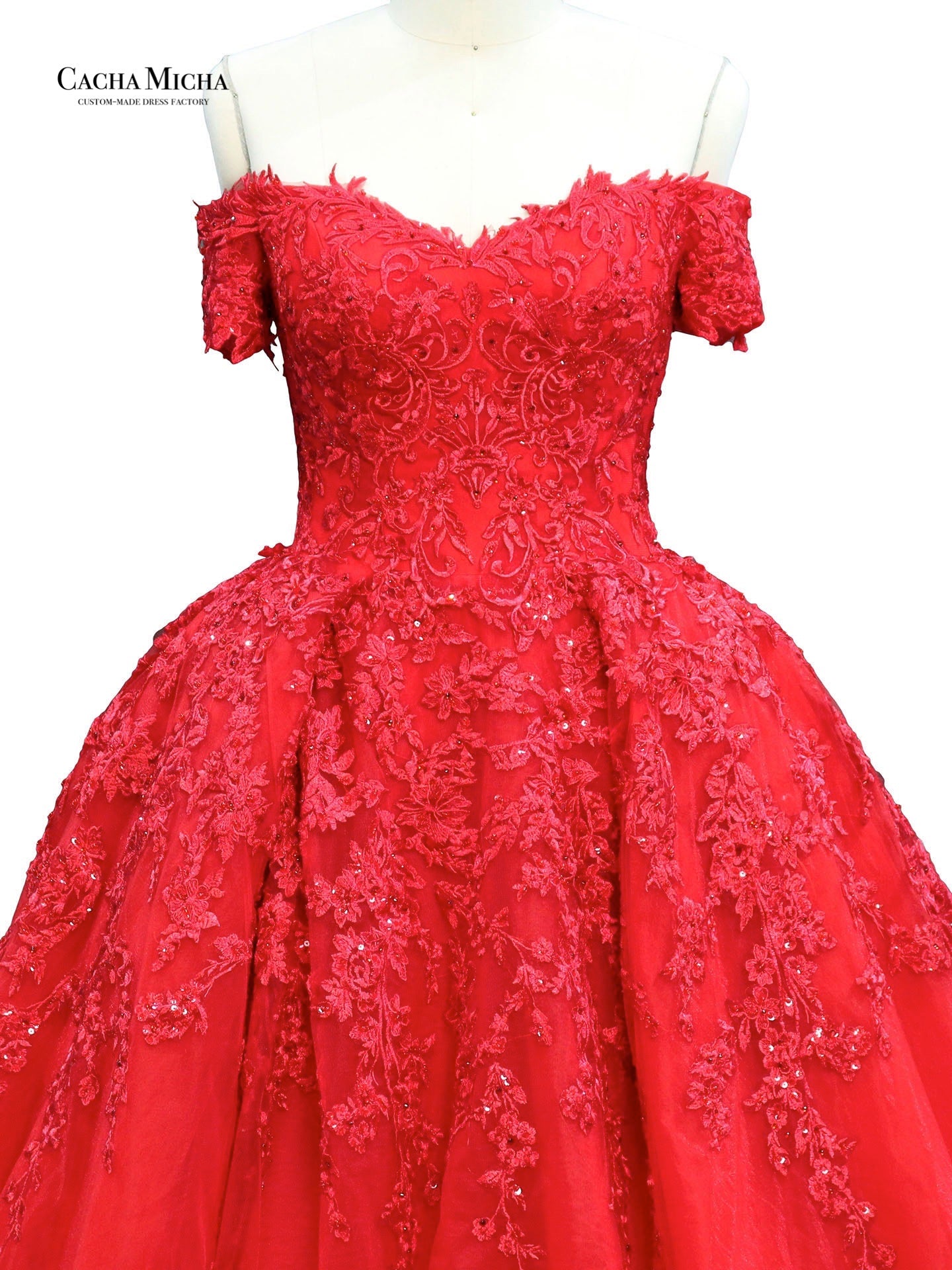 Off Shoulder Lace Ball Gown Red Prom Dress P71