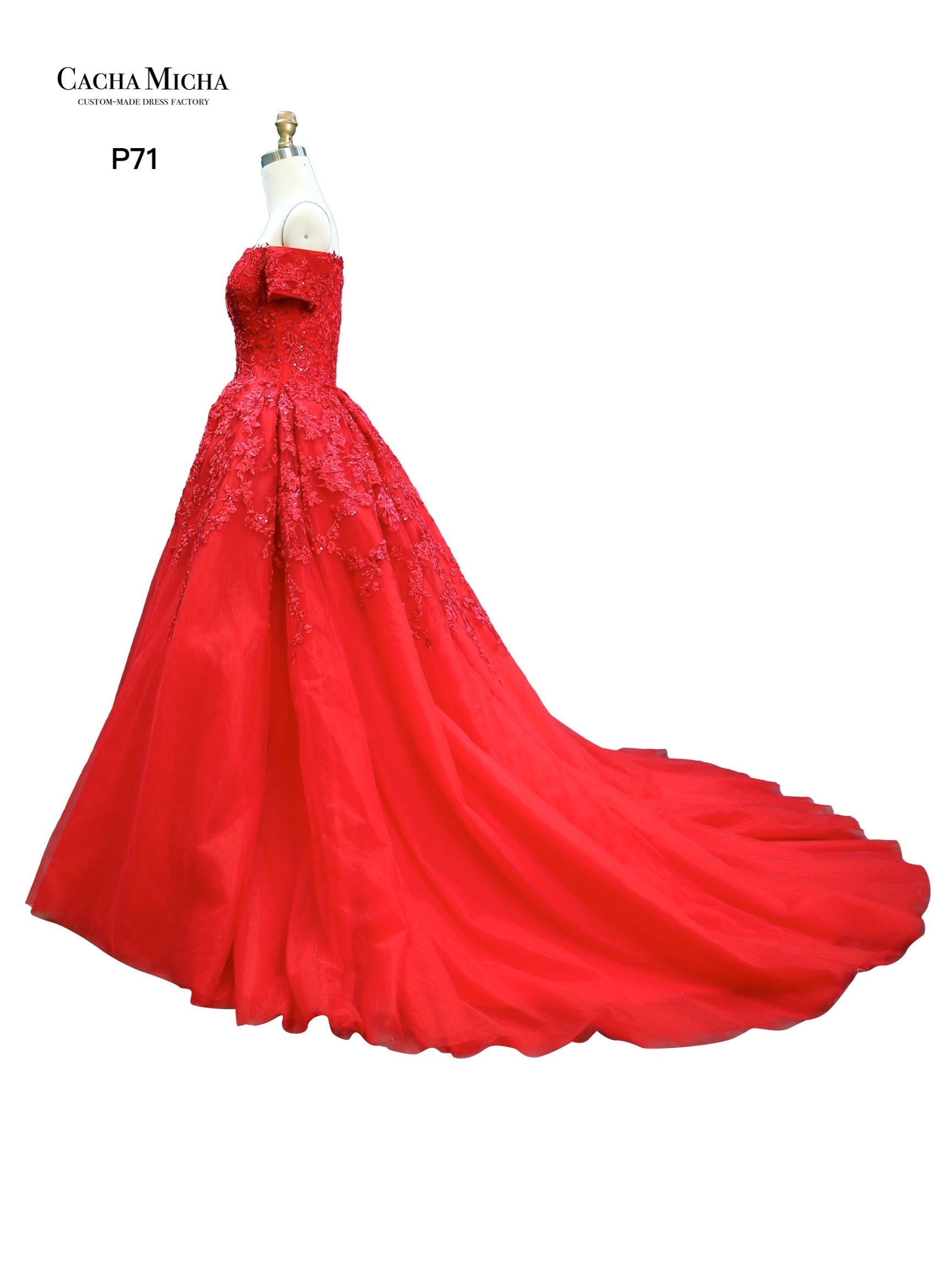 Off Shoulder Lace Ball Gown Red Prom Dress P71