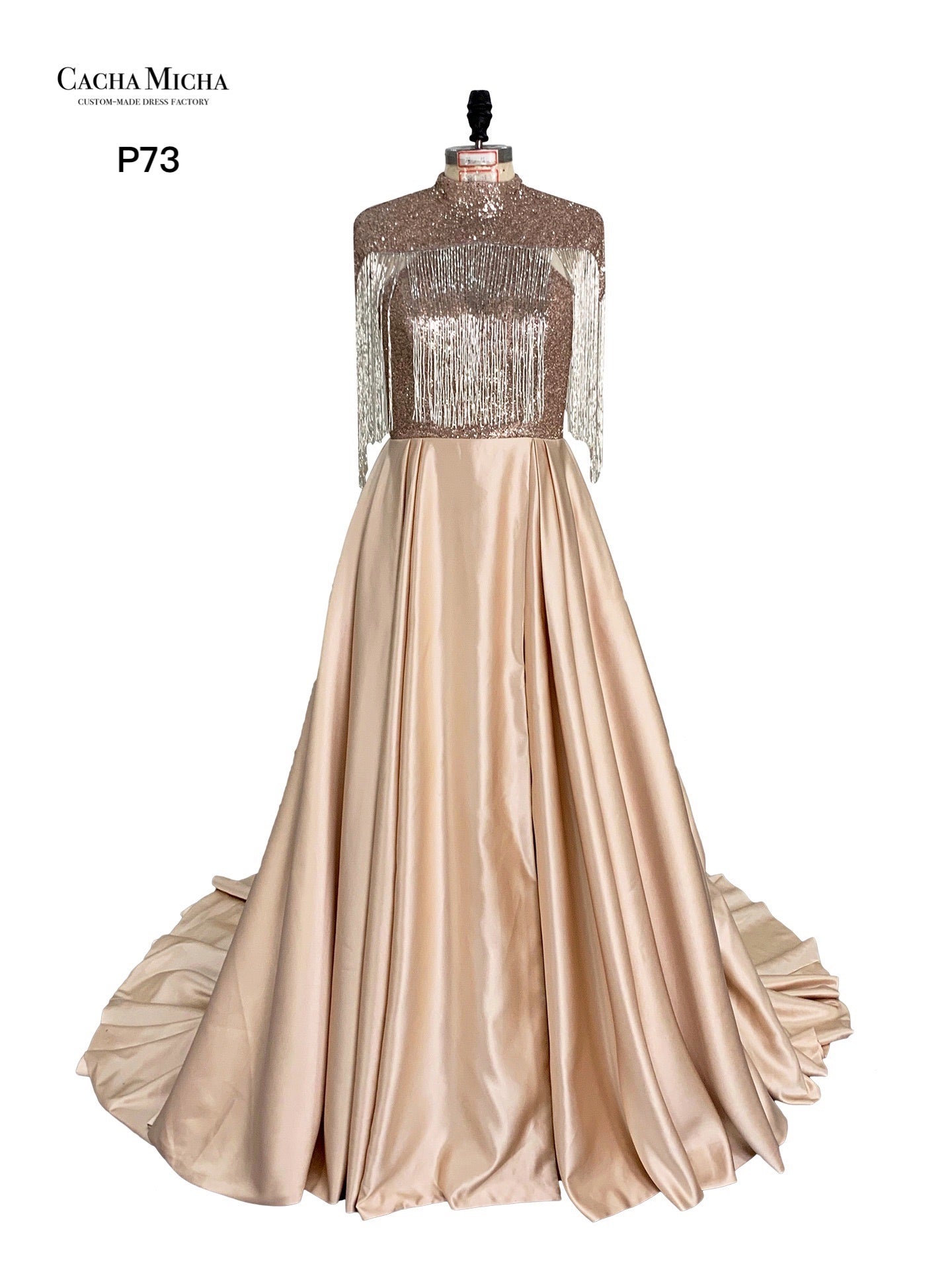 Silver Beaded Tassel Champagne Prom Dress P73