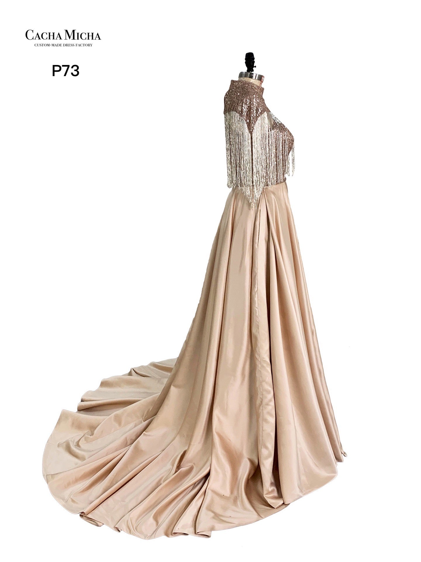 Silver Beaded Tassel Champagne Prom Dress P73