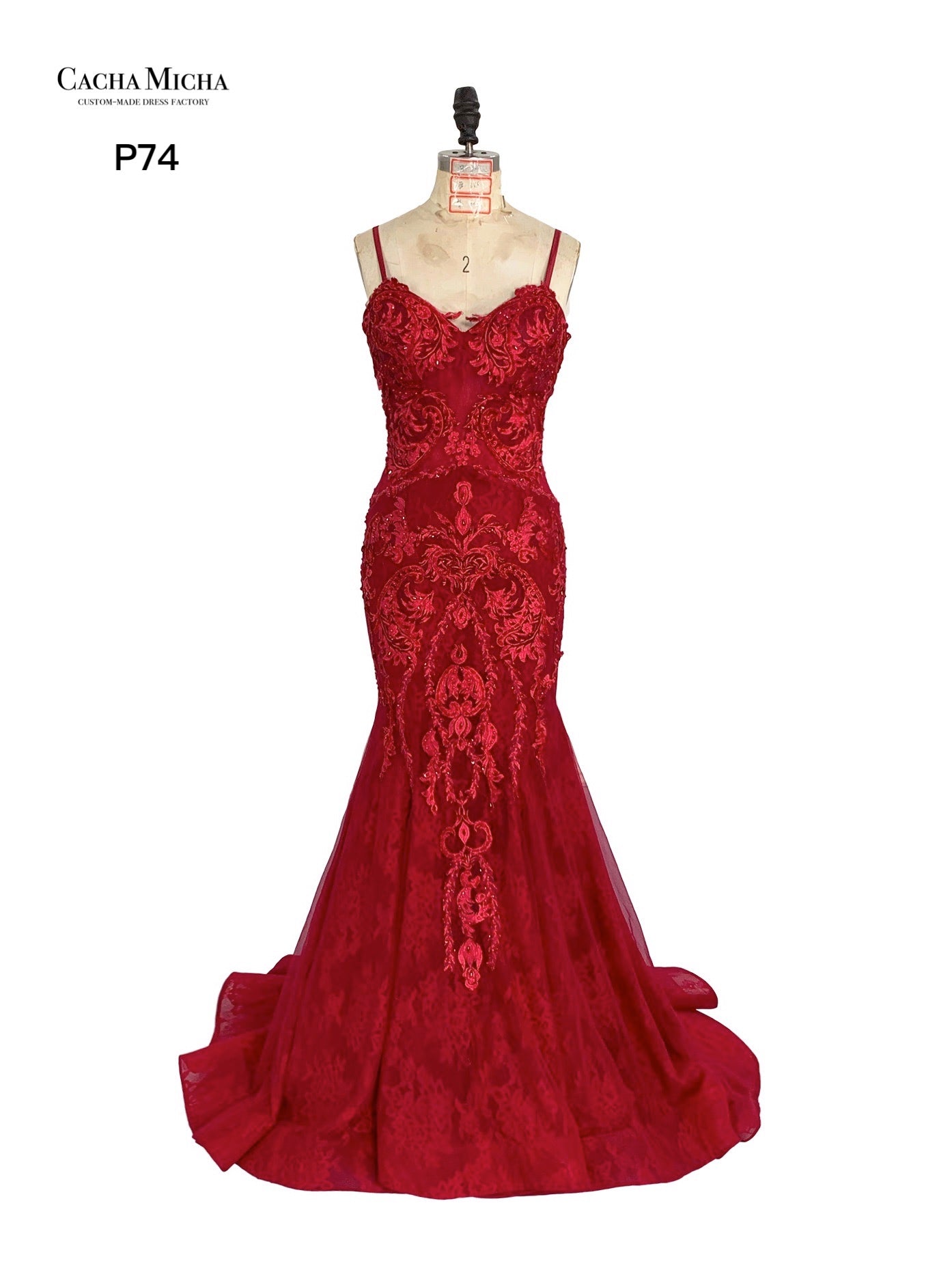 Spaghetti Straps Red Lace Mermaid Prom Dress P74