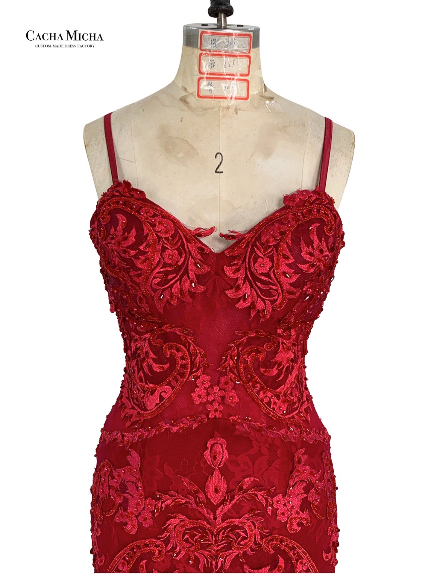 Spaghetti Straps Red Lace Mermaid Prom Dress P74