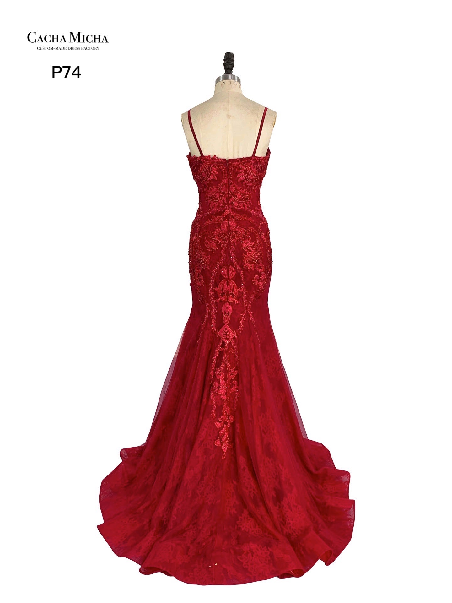 Spaghetti Straps Red Lace Mermaid Prom Dress P74